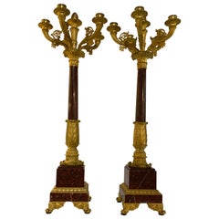 Pair of French bronze Dore and Rouge Griotte Candelabrum, Charles X, 19 th c.