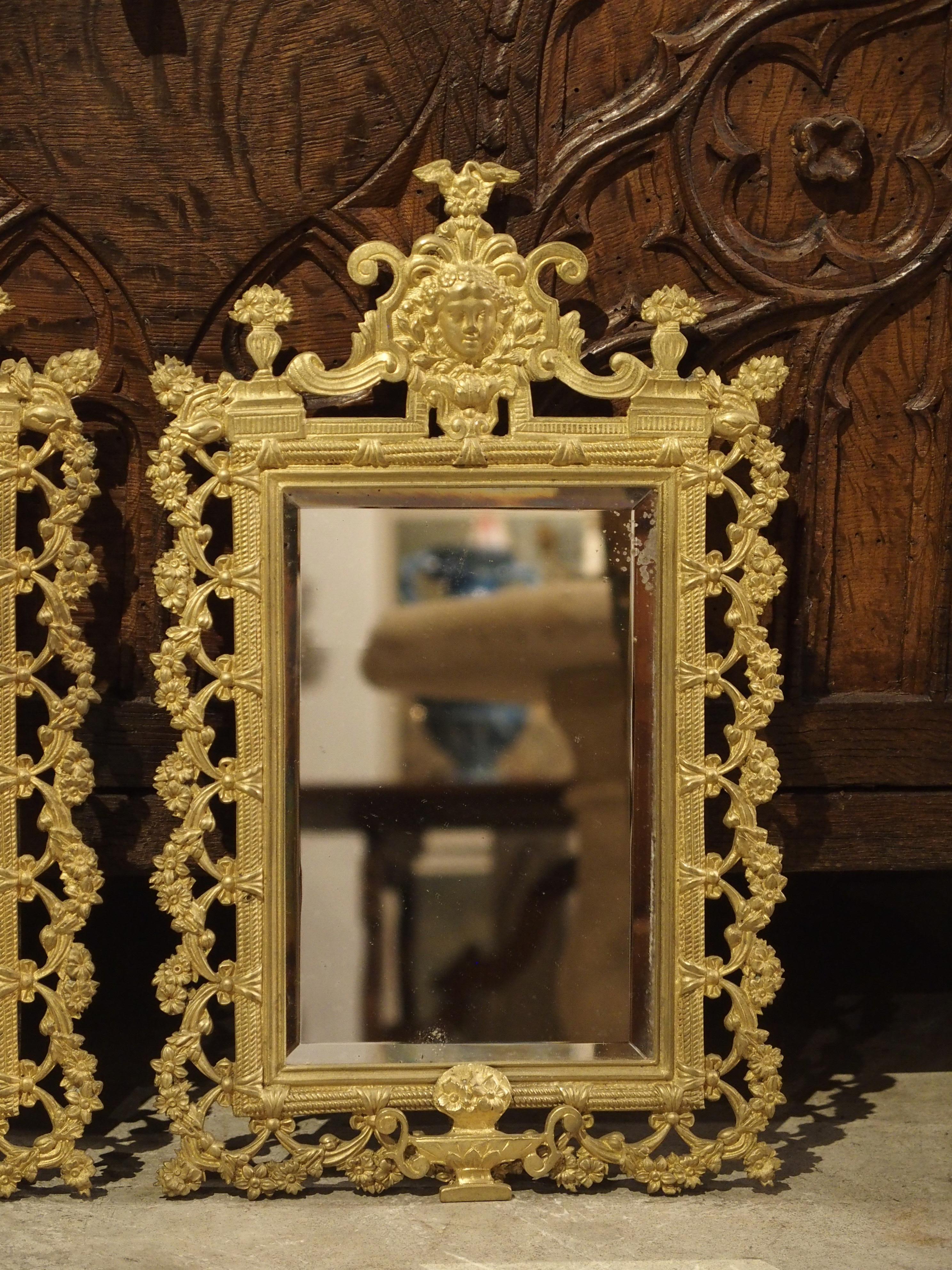 Pair of French Bronze Dore Mirrors with Mascarons and Floral Motifs, circa 1880 For Sale 7