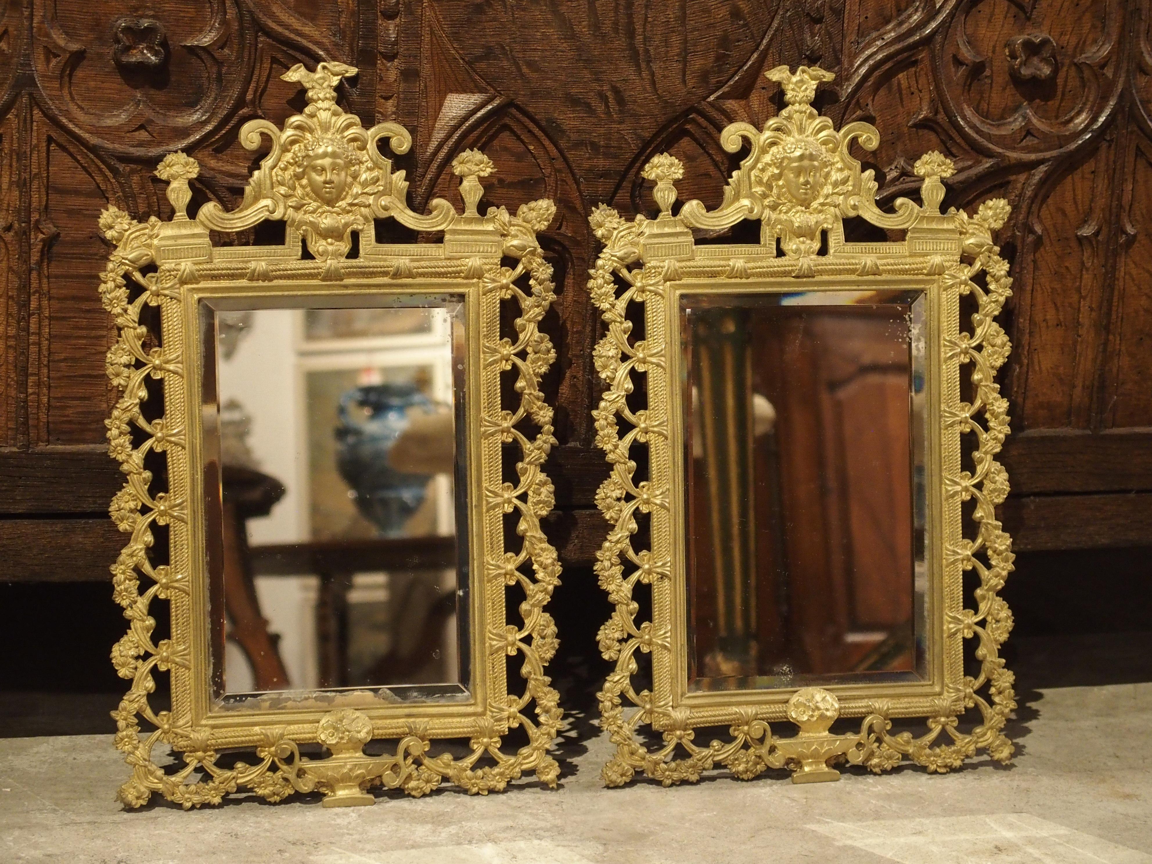 Pair of French Bronze Dore Mirrors with Mascarons and Floral Motifs, circa 1880 For Sale 11