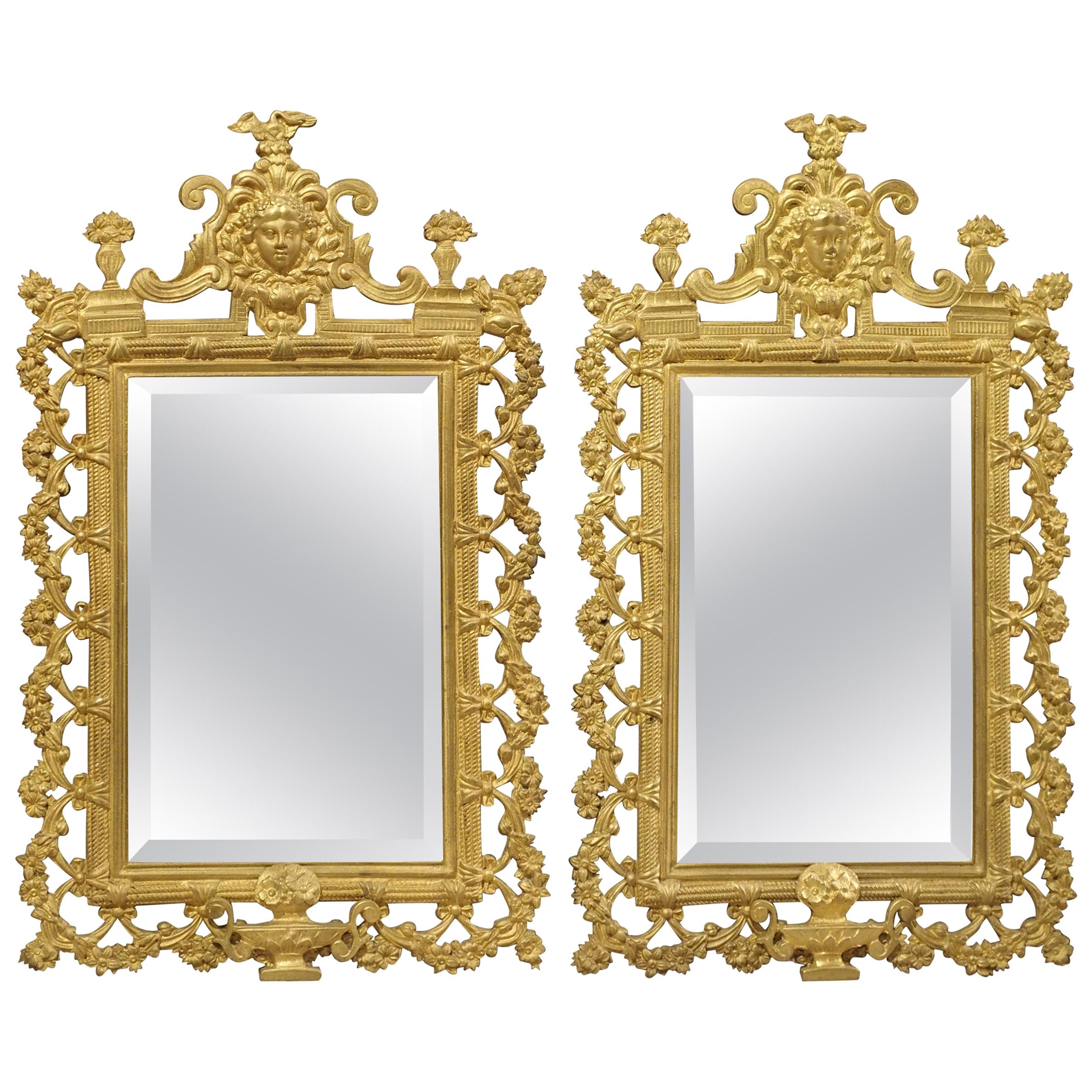 Pair of French Bronze Dore Mirrors with Mascarons and Floral Motifs, circa 1880 For Sale