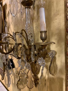 Pair of French Bronze Dore Sconces with Baccarat Crystal Prisms and Stem 19th C
