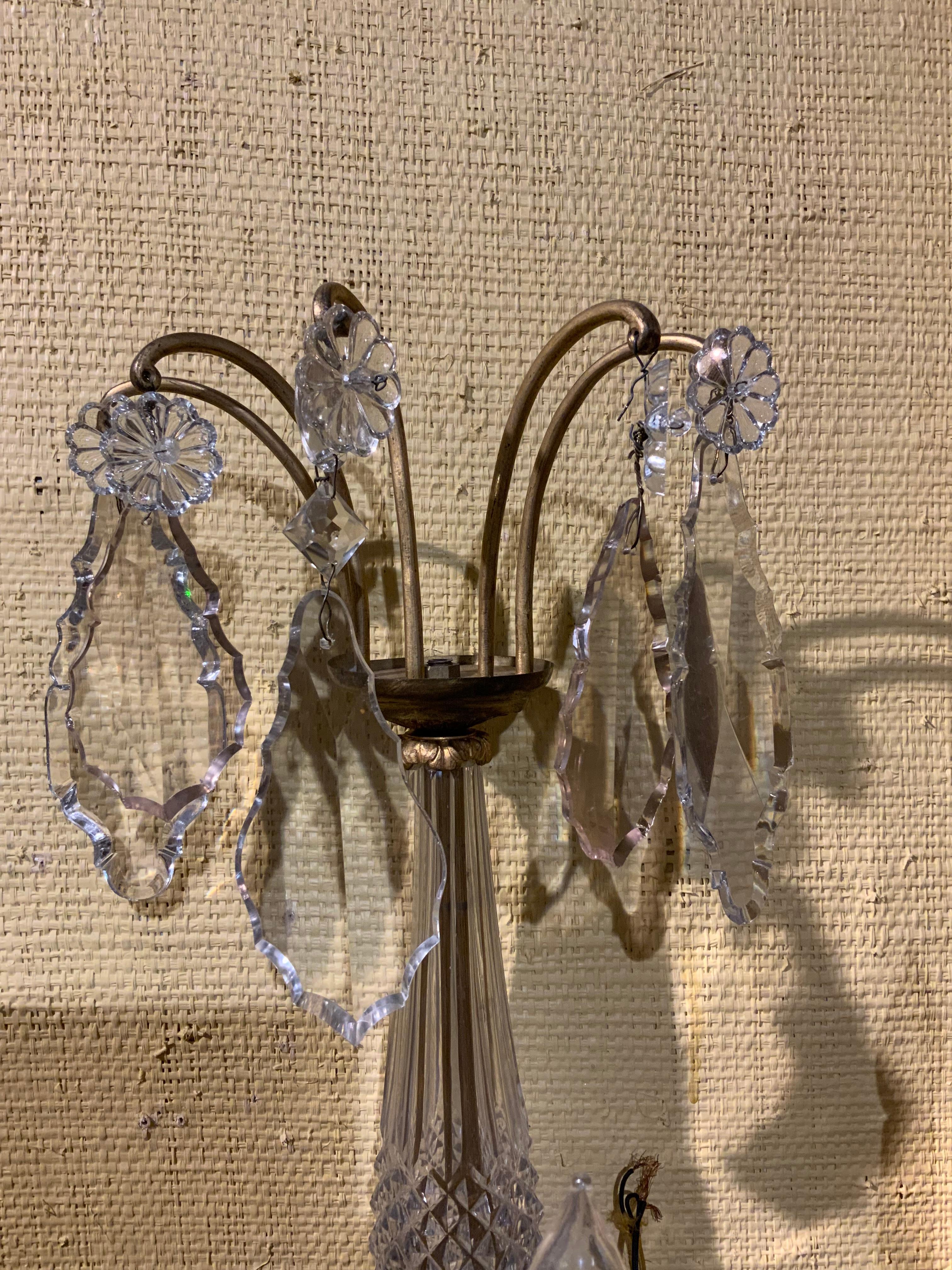 Gilt Pair of French Bronze Dore Sconces with Baccarat Crystal Prisms and Stem 19th C For Sale