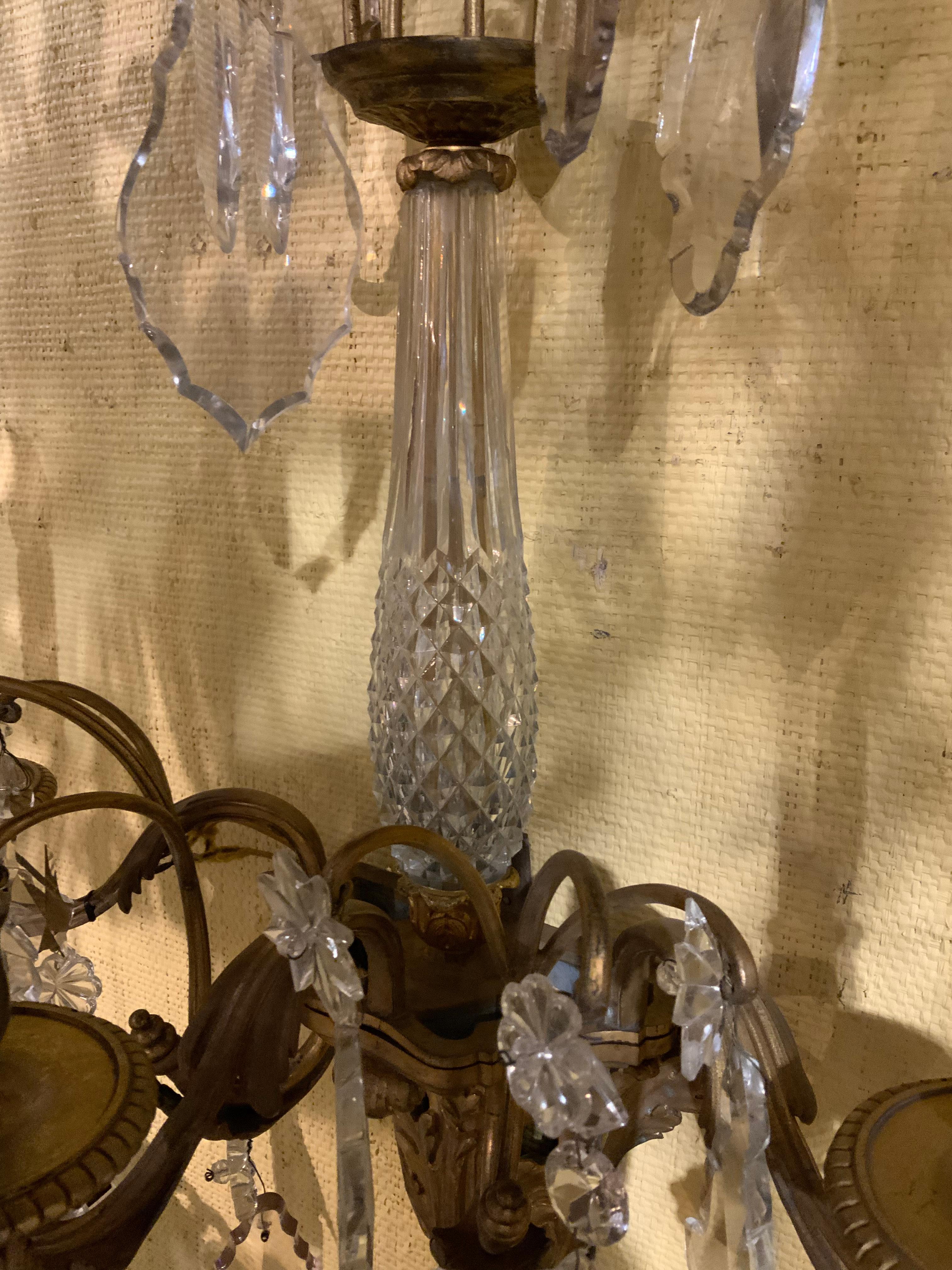 Pair of French Bronze Dore Sconces with Baccarat Crystal Prisms and Stem 19th C In Good Condition For Sale In Houston, TX