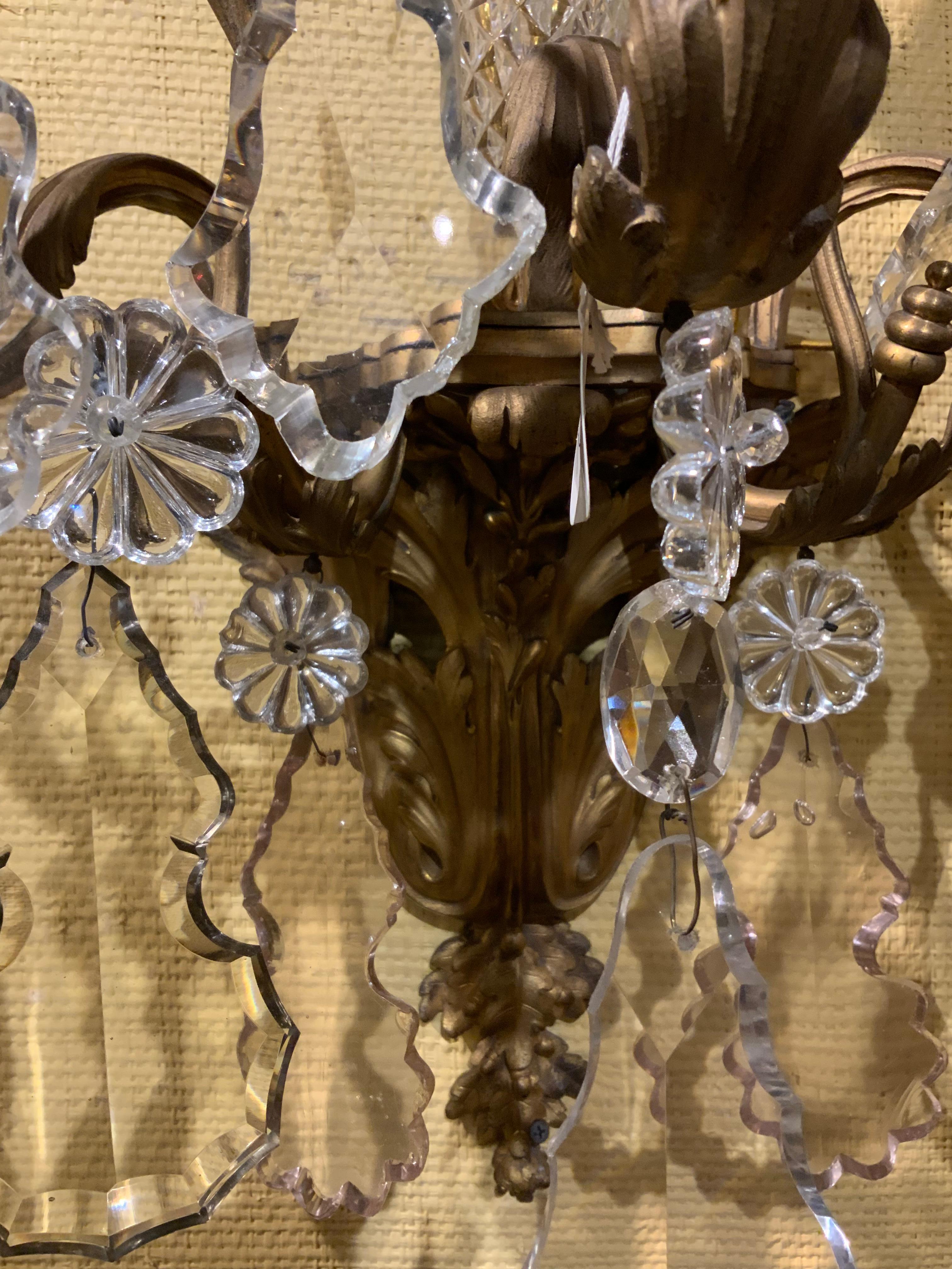 19th Century Pair of French Bronze Dore Sconces with Baccarat Crystal Prisms and Stem 19th C For Sale