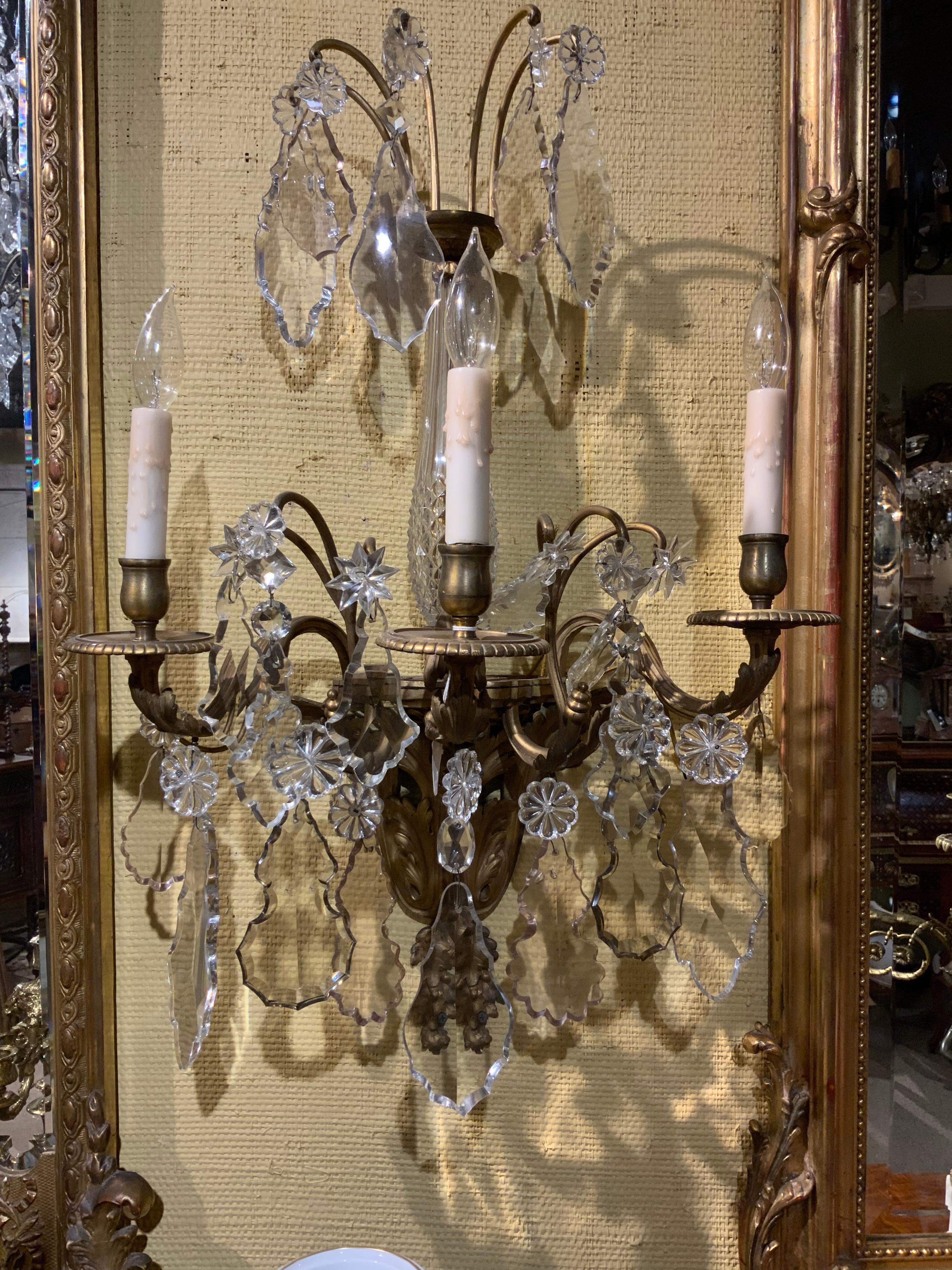 Pair of French Bronze Dore Sconces with Baccarat Crystal Prisms and Stem 19th C For Sale 1