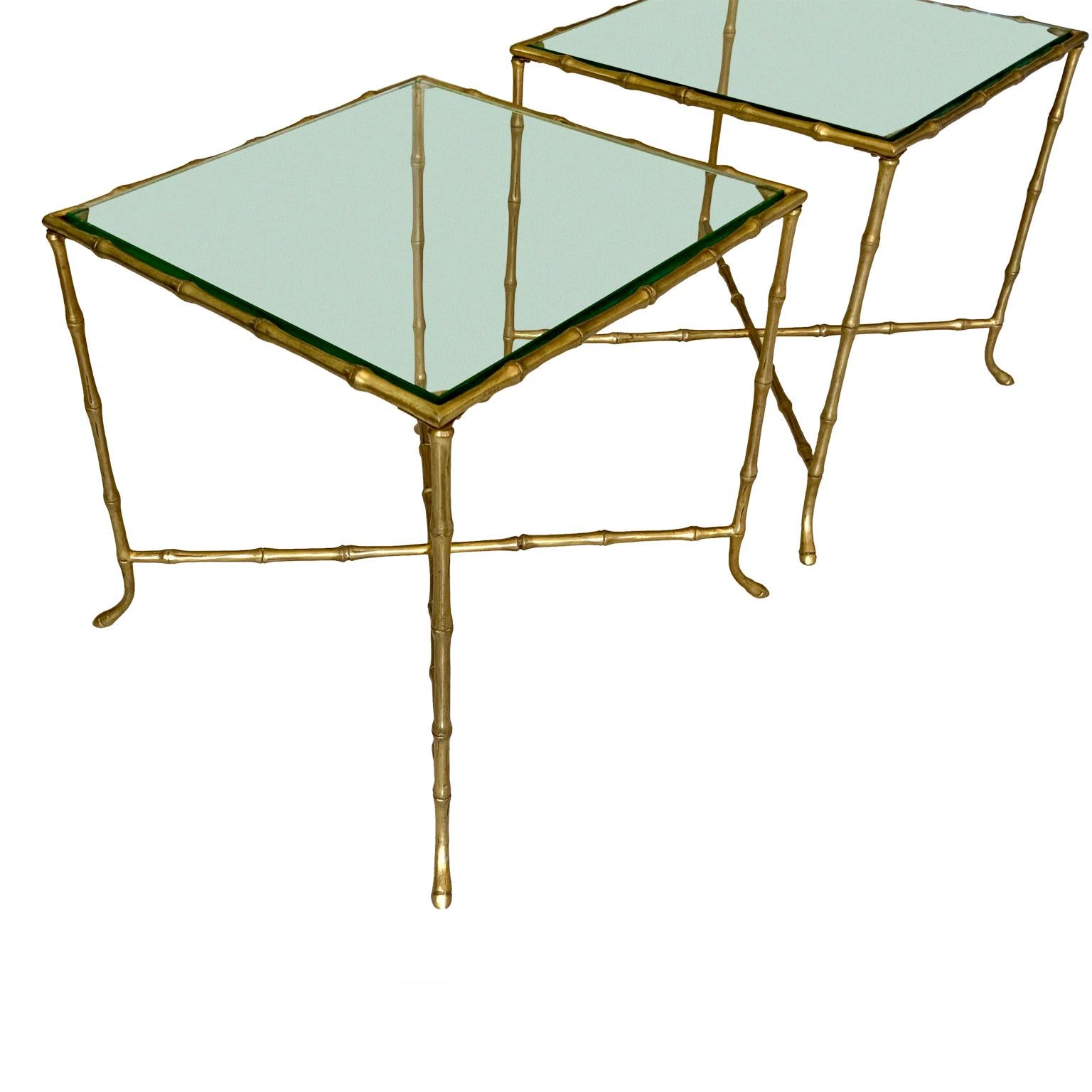 Pair of French bronze faux bamboo Maison Bagues cocktail side tables.

 