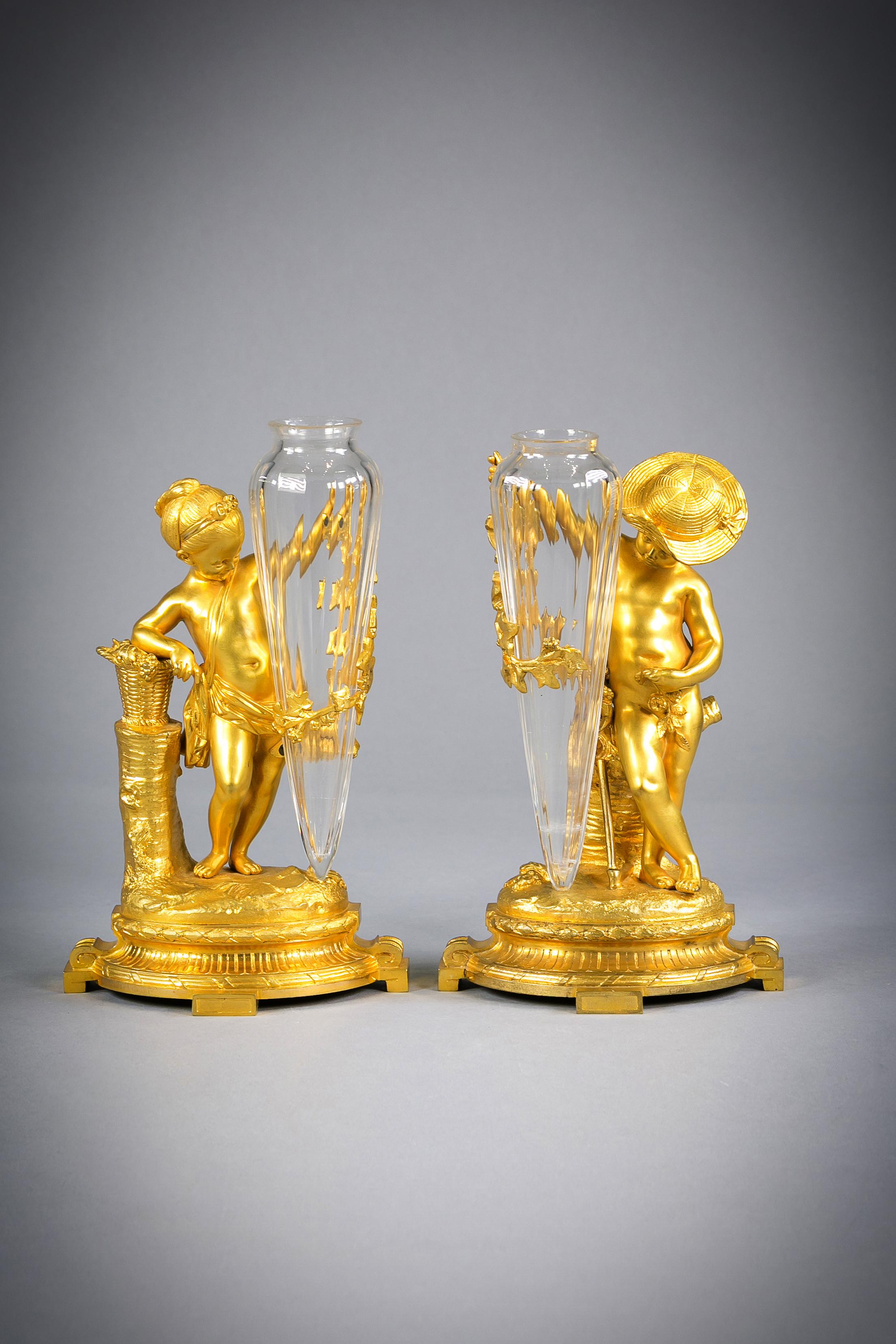 Late 19th Century Pair of French Bronze Figural and Glass Vases, circa 1880 For Sale