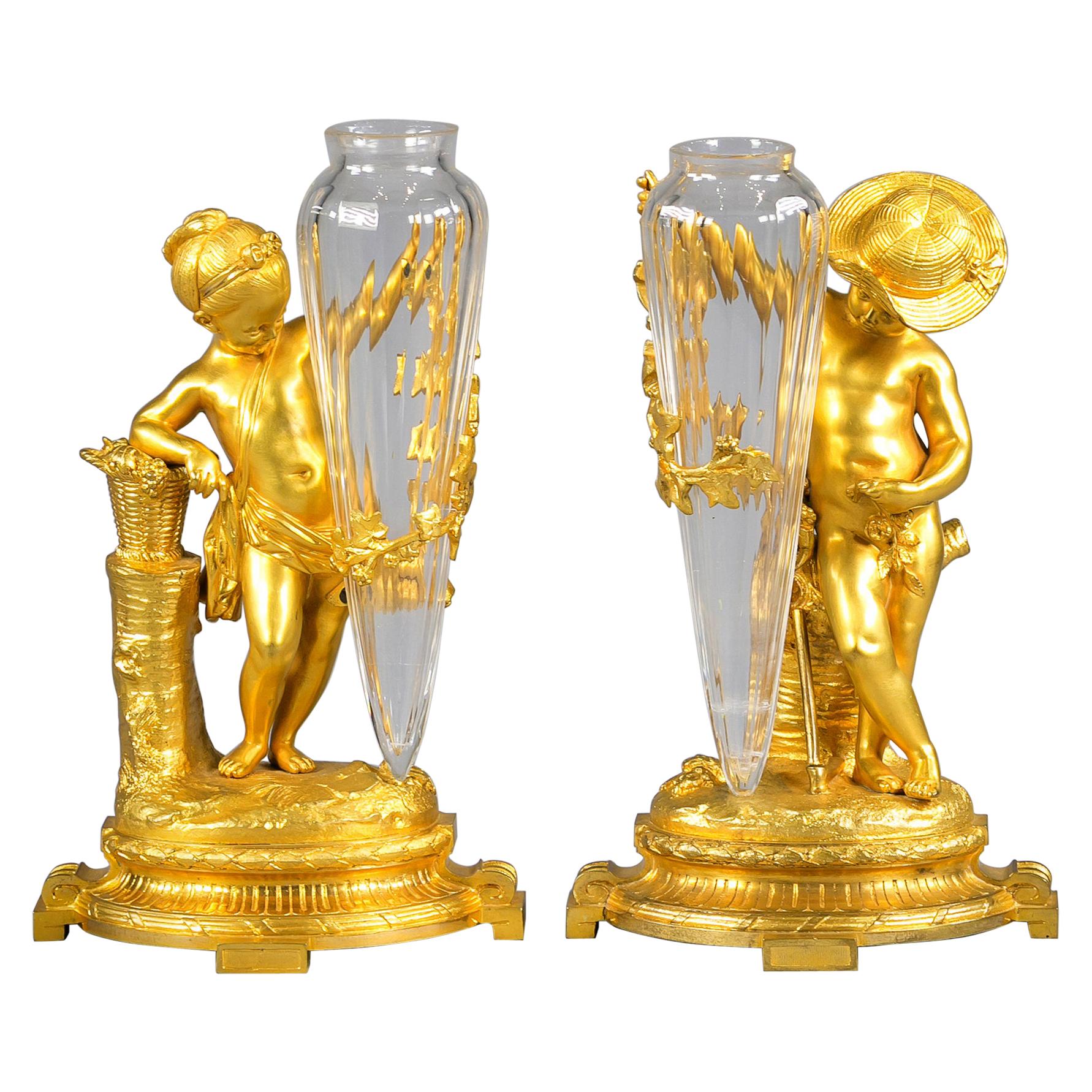Pair of French Bronze Figural and Glass Vases, circa 1880 For Sale
