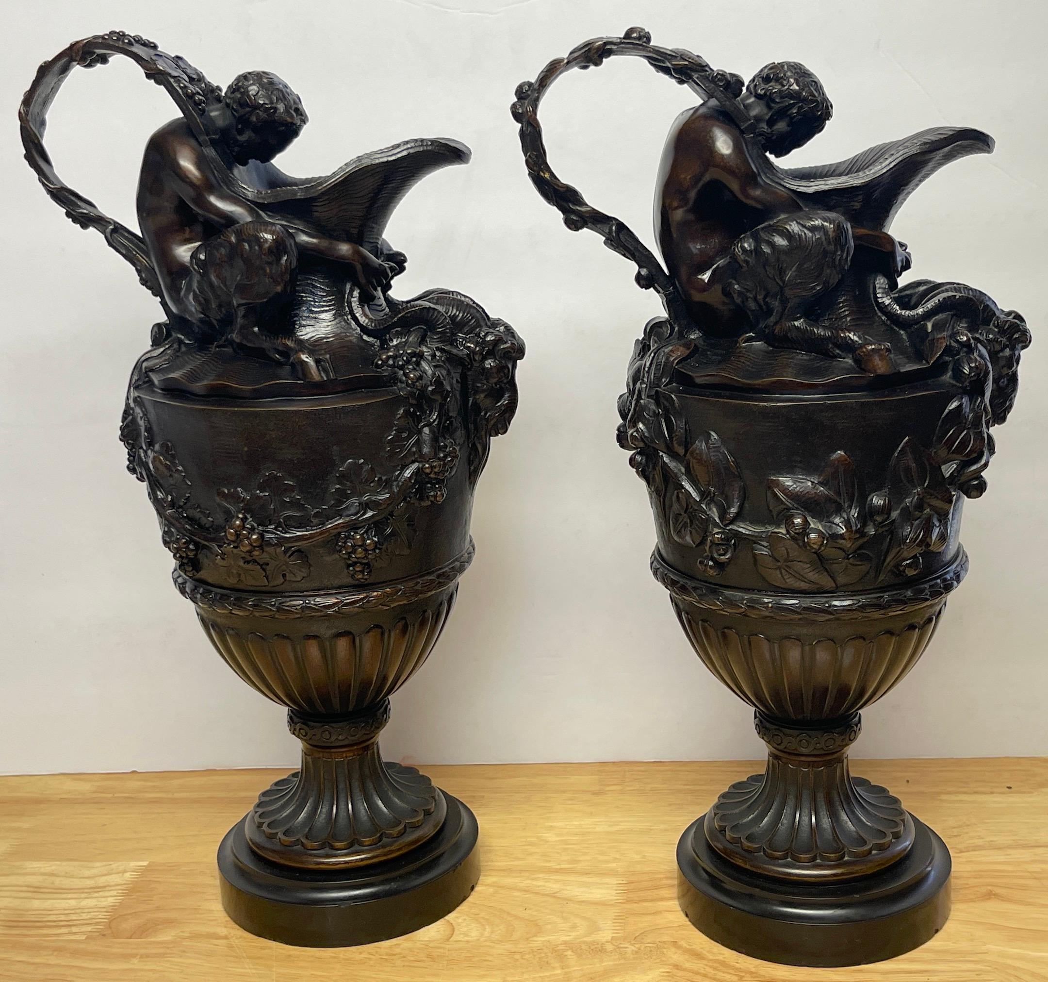 19th Century Pair of French Bronze Figural Ewers in the Manner of Claude Michael Clodion