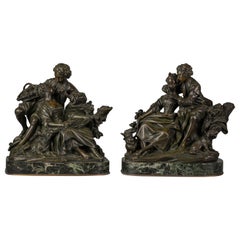 Pareja de Grupos Figurales Franceses de Bronce de los Comedores de Uvas y la Lección de Flauta