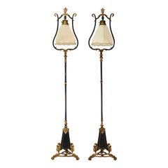 Pair of French Bronze Floor Lamps Winged Lions and Swan Details