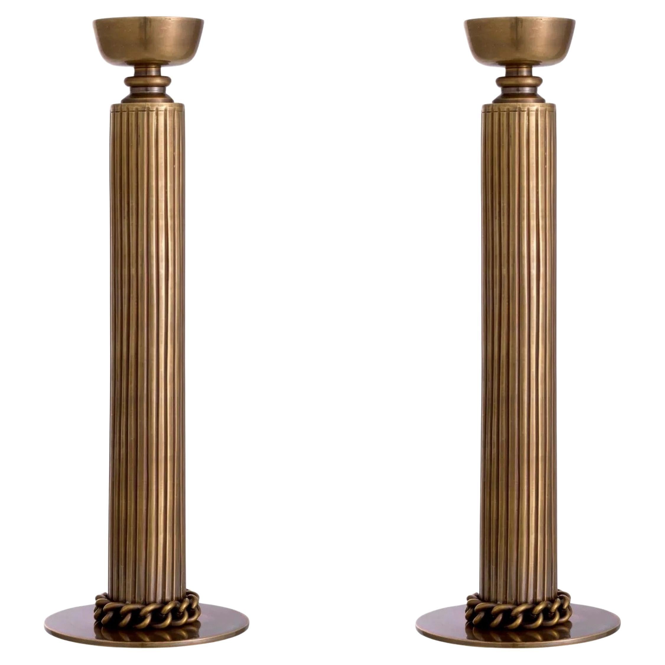 Pair of French Bronze Hand Crafted Le Dôme Brass Candlesticks Candelabra For Sale