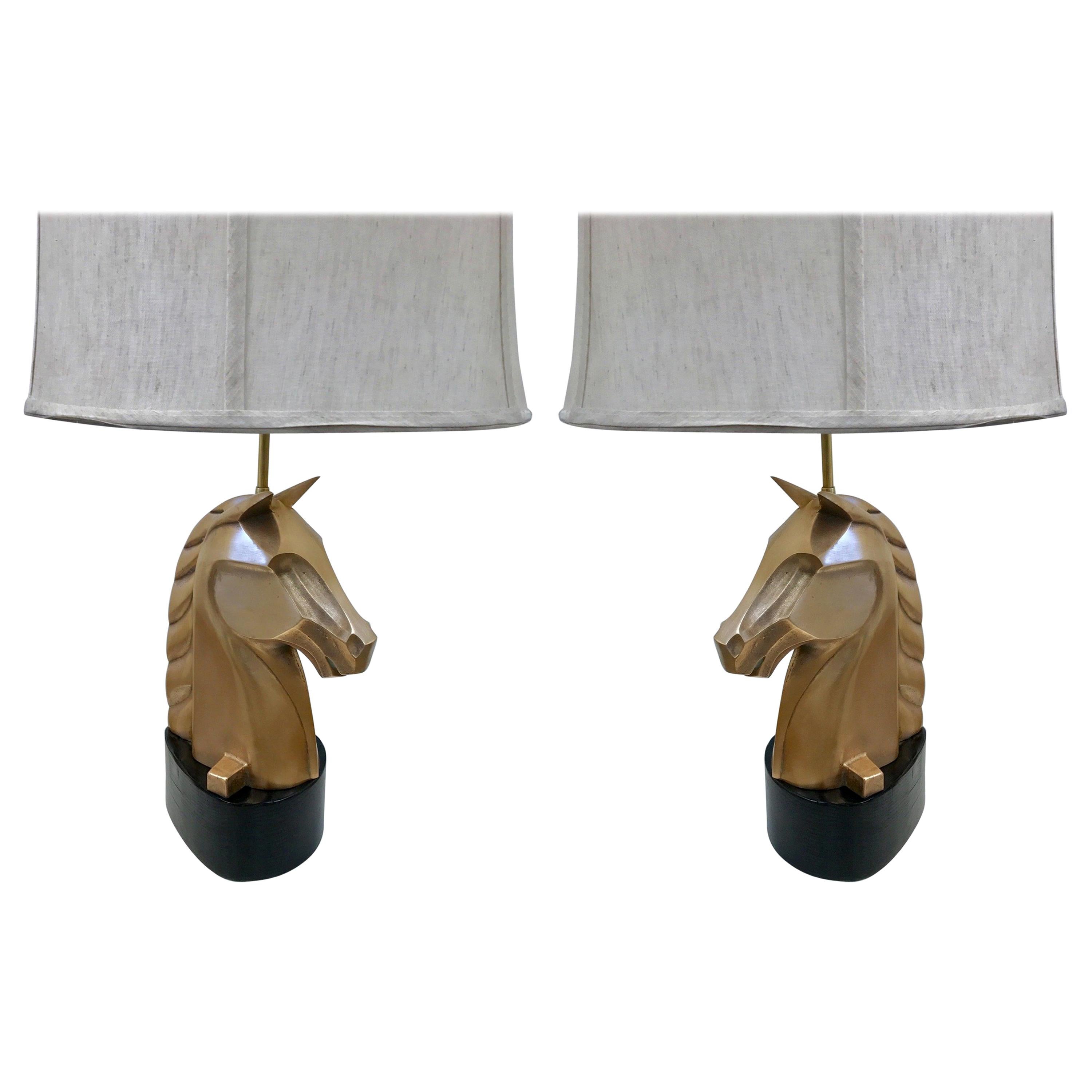 Pair of French Bronze Horse Lamps Style of James Mont For Sale