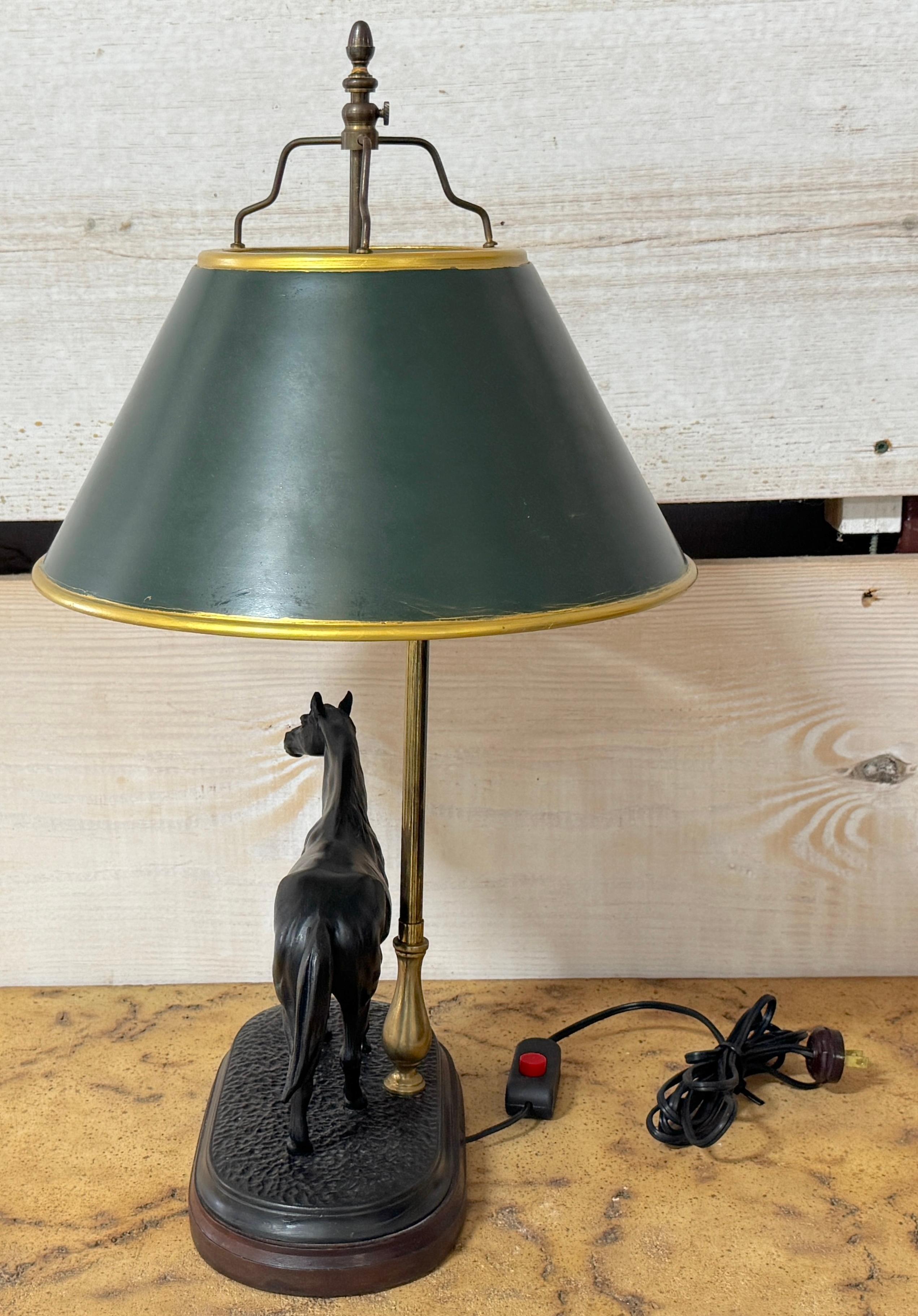 Pair of French Bronze Horse Lamps With Tole Shades, After P.J. Mêne For Sale 3