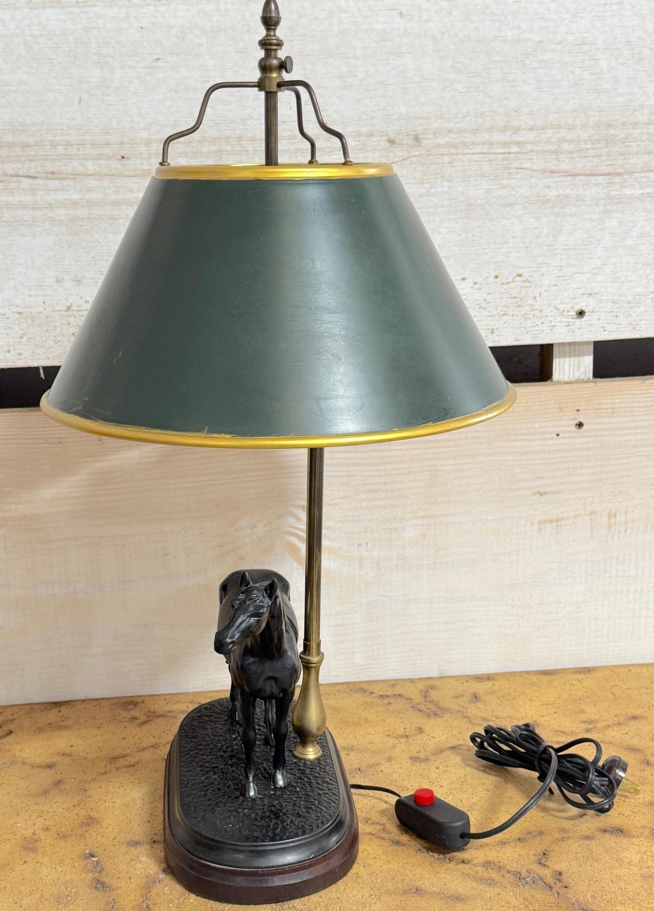 Pair of French Bronze Horse Lamps With Tole Shades, After P.J. Mêne For Sale 6
