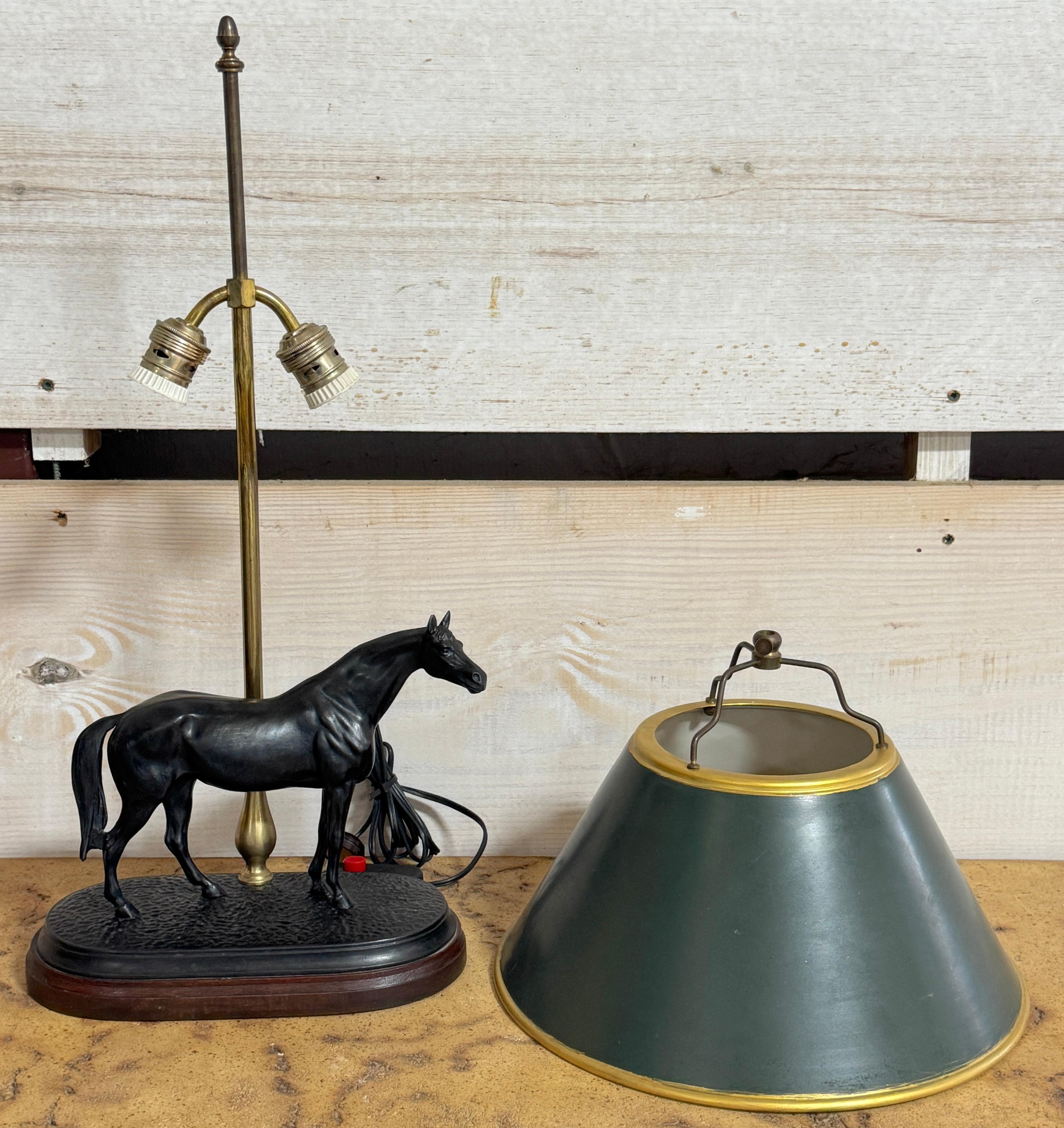 Pair of French Bronze Horse Lamps With Tole Shades, After P.J. Mêne For Sale 8