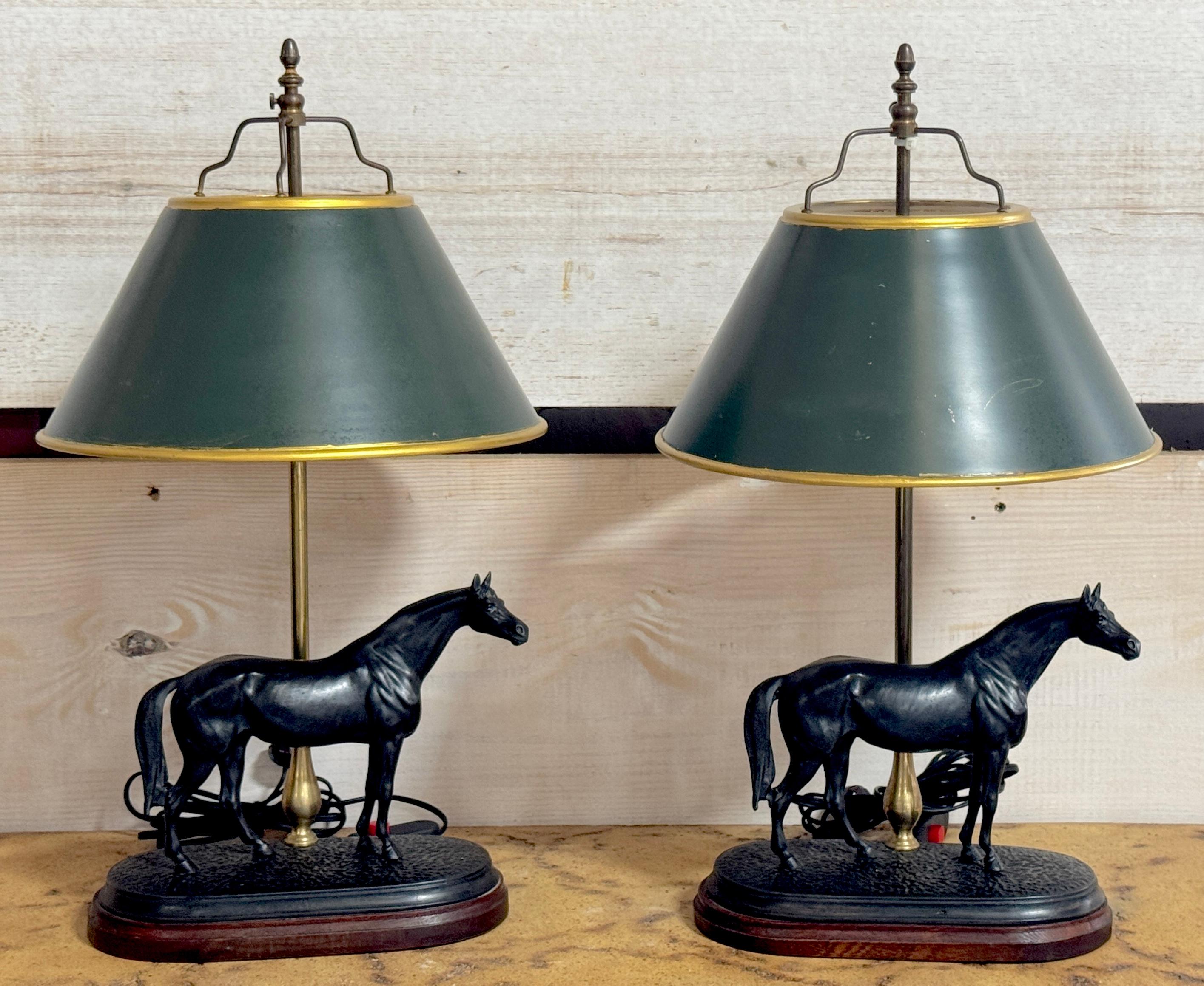 Pair of French Bronze Horse Lamps With Tole Shades, After P.J. Mêne

A fine pair of French bronze horse lamps, exquisitely crafted after the renowned 19th-century sculptor Pierre-Jules Mêne (1810–1879), a master of the animalier style. Mêne was