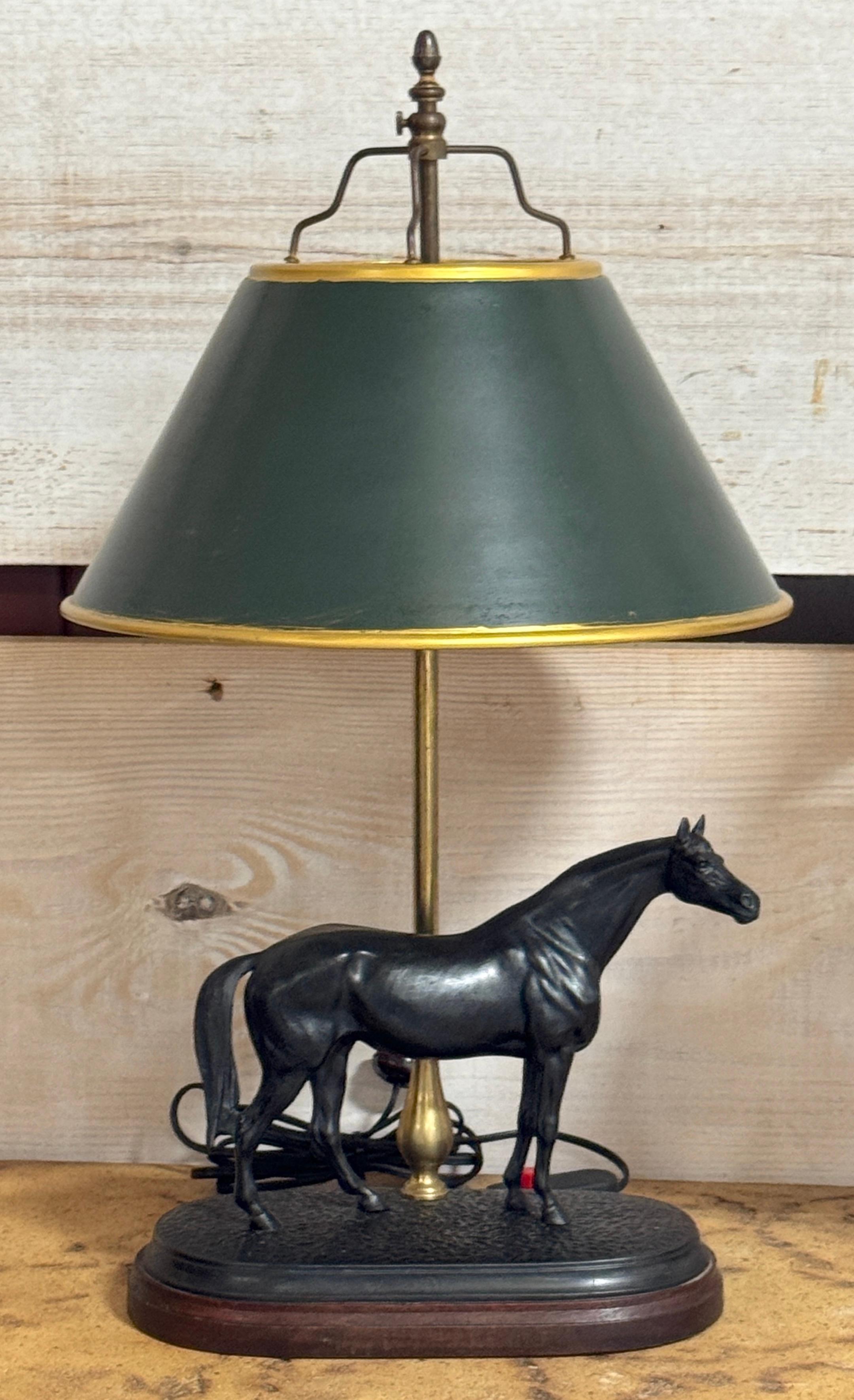 Sporting Art Pair of French Bronze Horse Lamps With Tole Shades, After P.J. Mêne For Sale