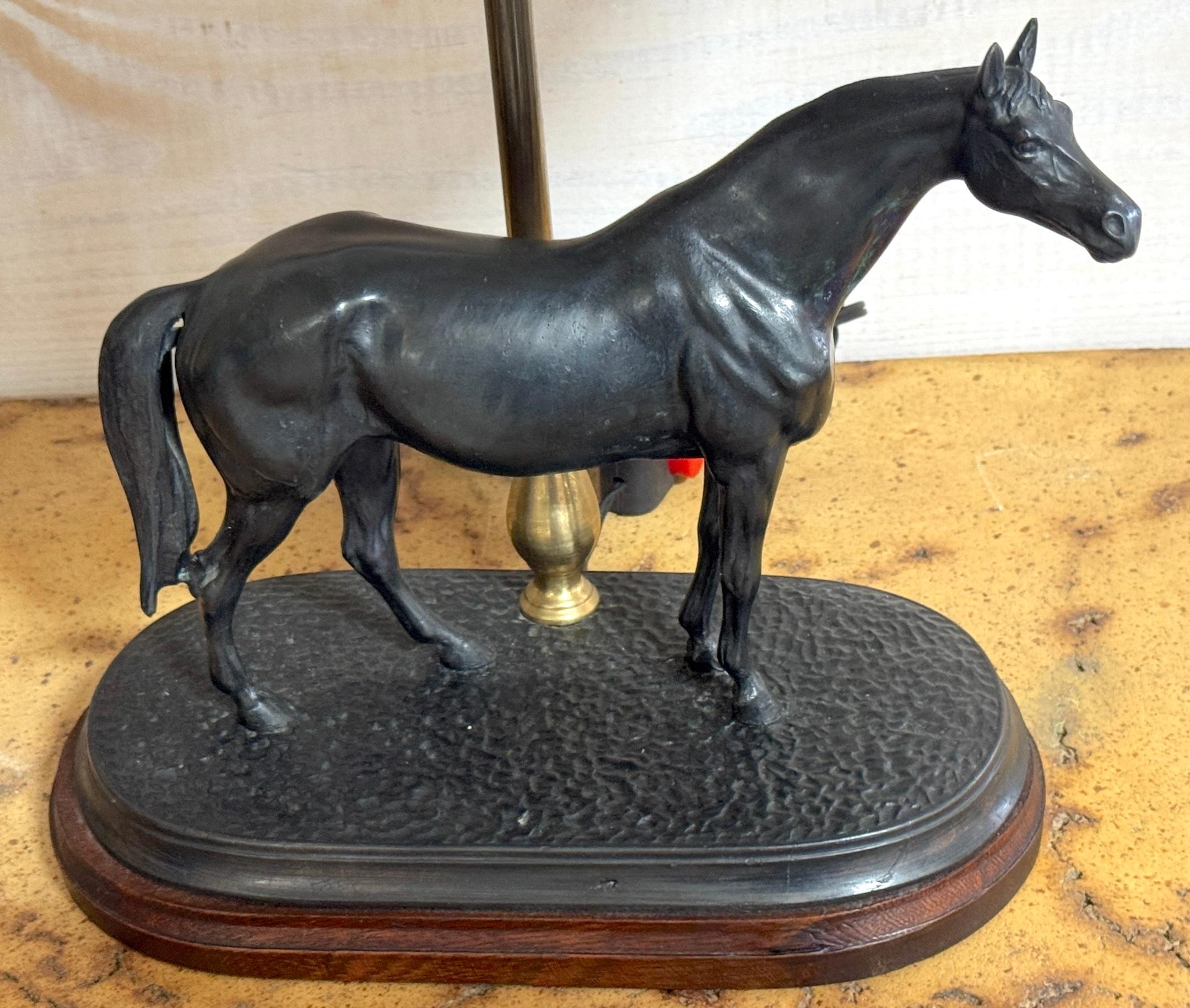 Cast Pair of French Bronze Horse Lamps With Tole Shades, After P.J. Mêne For Sale