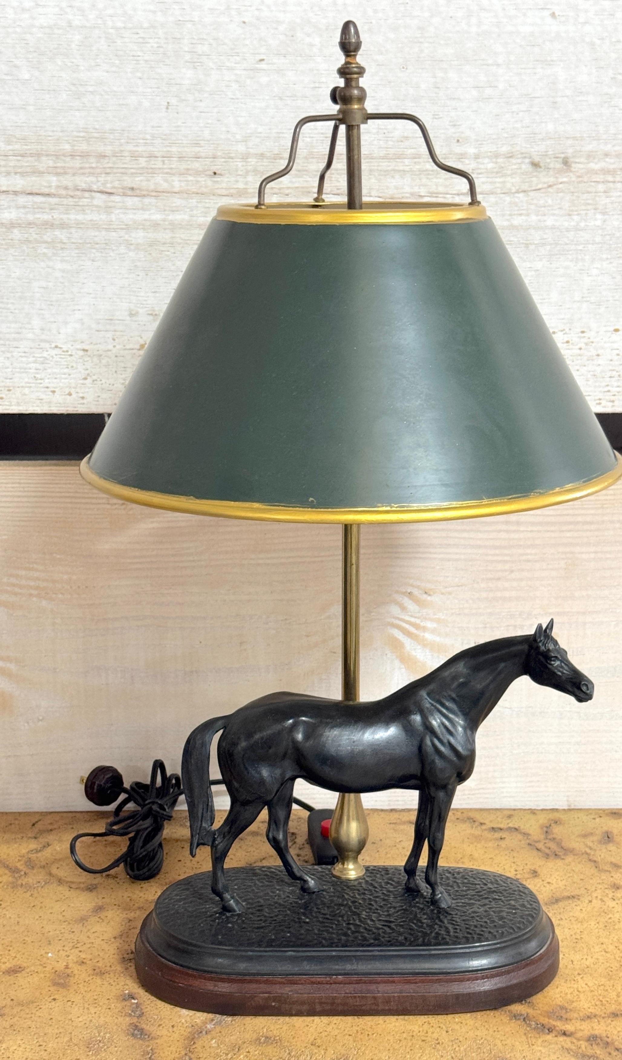 Pair of French Bronze Horse Lamps With Tole Shades, After P.J. Mêne In Good Condition For Sale In West Palm Beach, FL