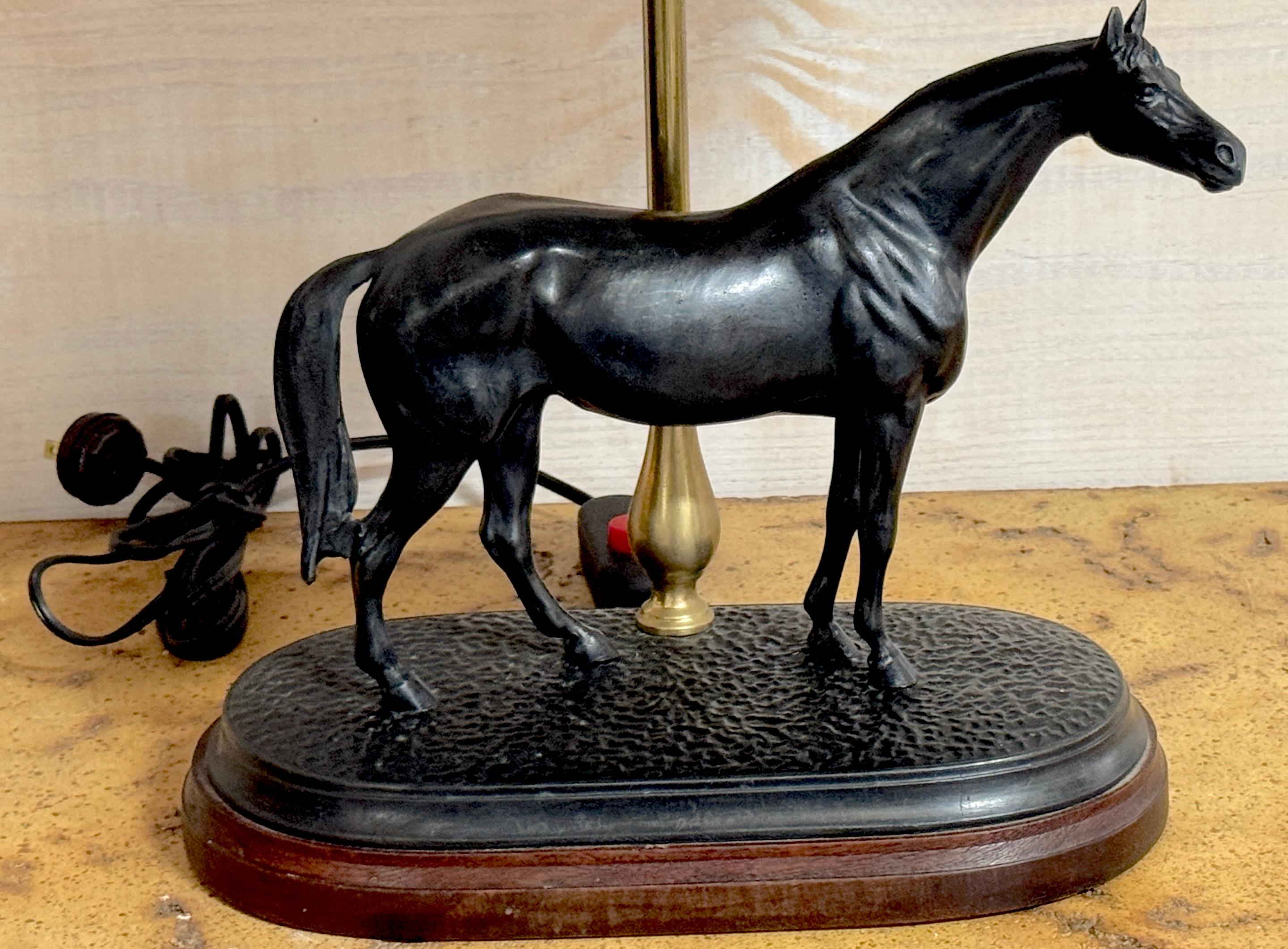 Metal Pair of French Bronze Horse Lamps With Tole Shades, After P.J. Mêne For Sale