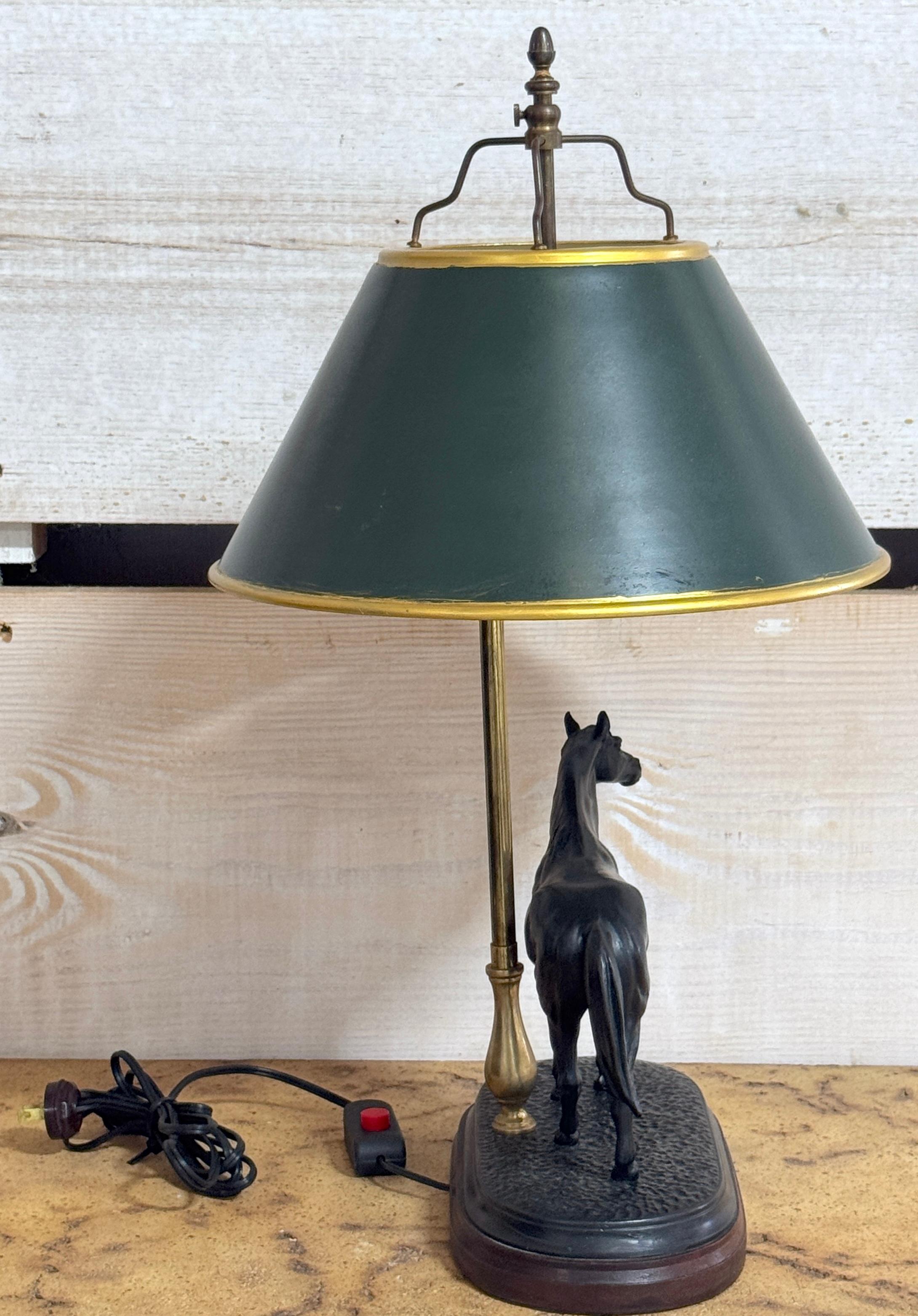 Pair of French Bronze Horse Lamps With Tole Shades, After P.J. Mêne For Sale 2