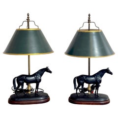 Vintage Pair of French Bronze Horse Lamps With Tole Shades, After P.J. Mêne