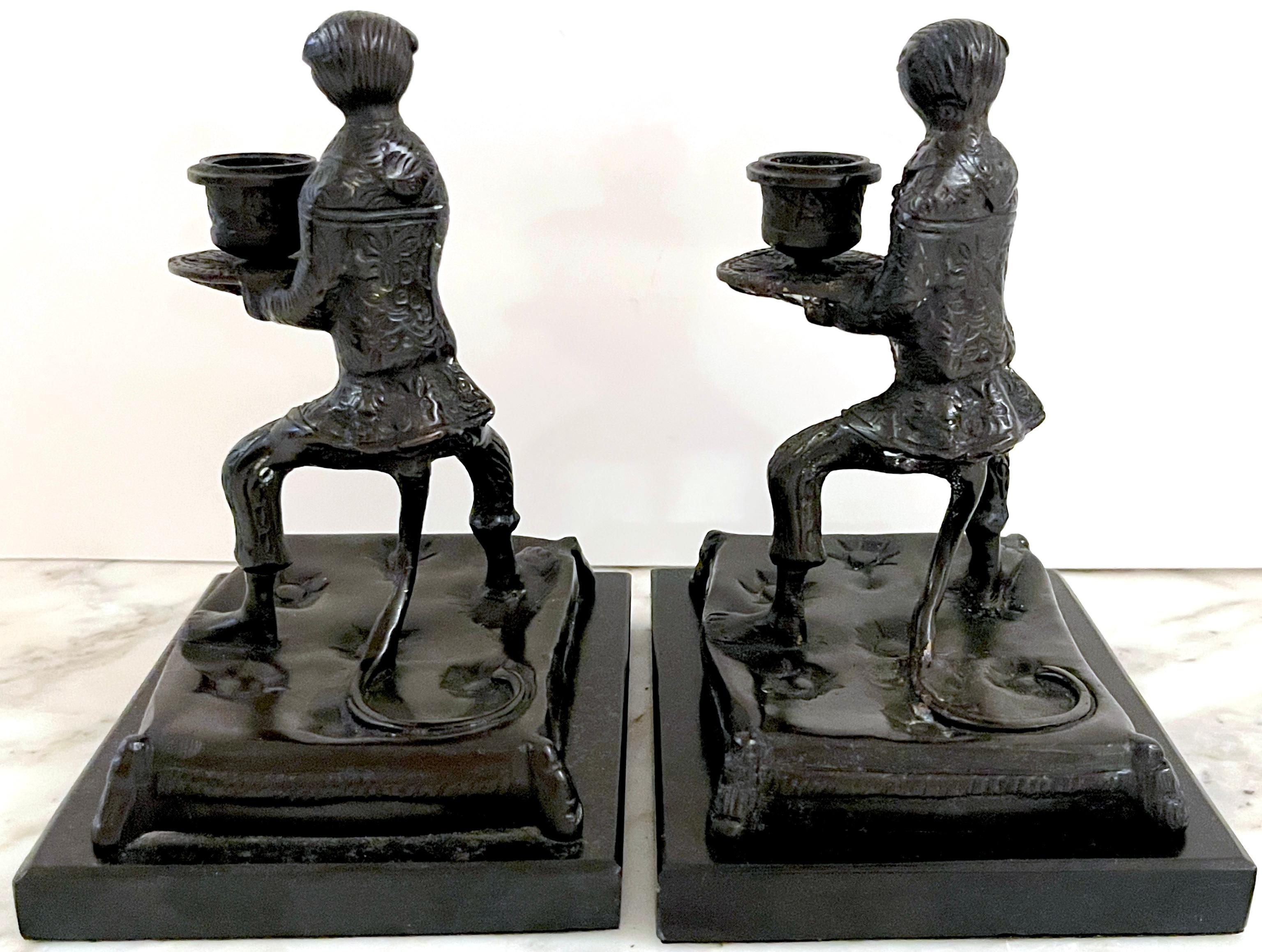 Cast Pair of  French Bronze & Marble  Renaissance Dressed Monkey Candlesticks  For Sale