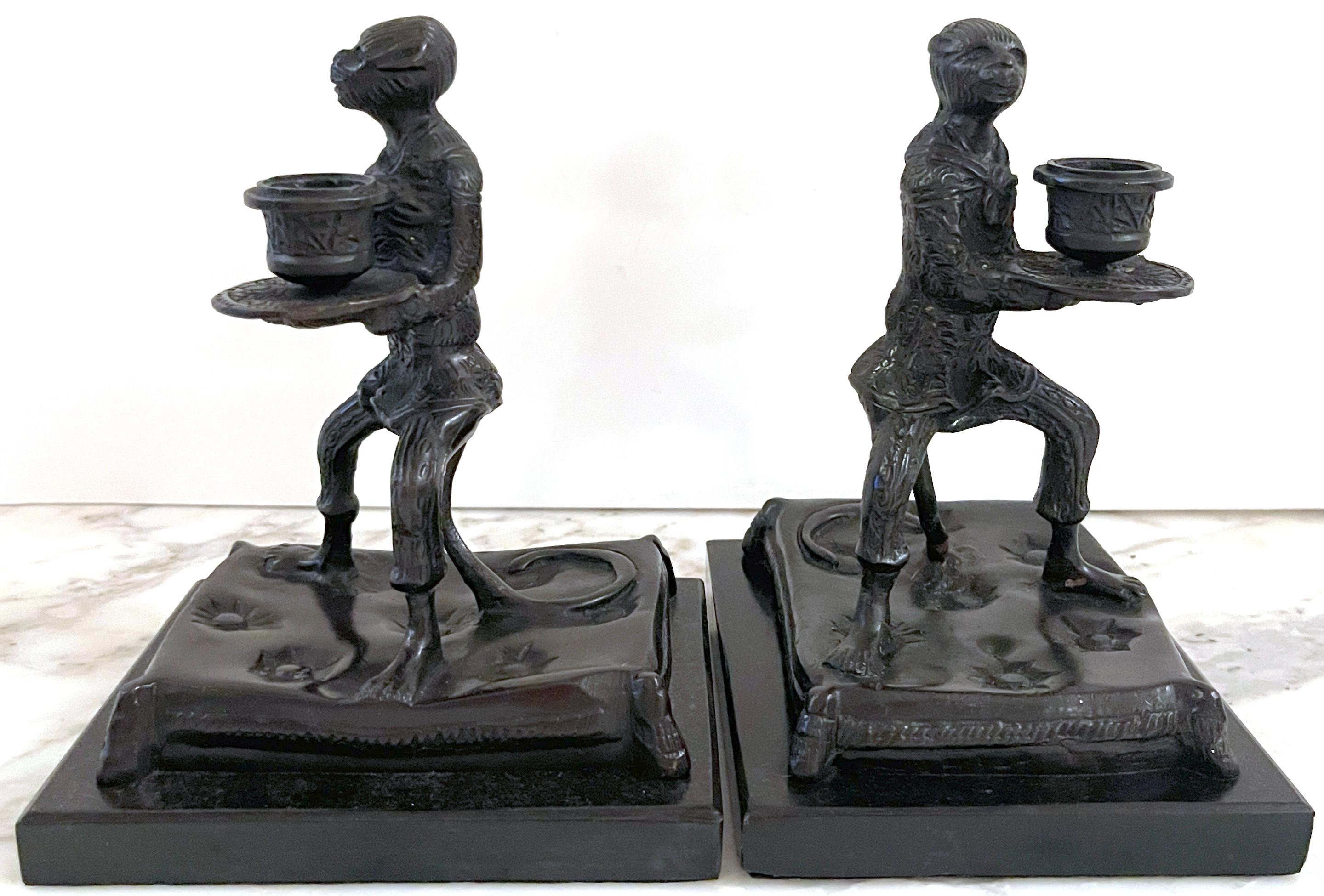 20th Century Pair of  French Bronze & Marble  Renaissance Dressed Monkey Candlesticks  For Sale