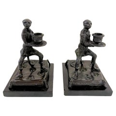 Vintage Pair of  French Bronze & Marble  Renaissance Dressed Monkey Candlesticks 