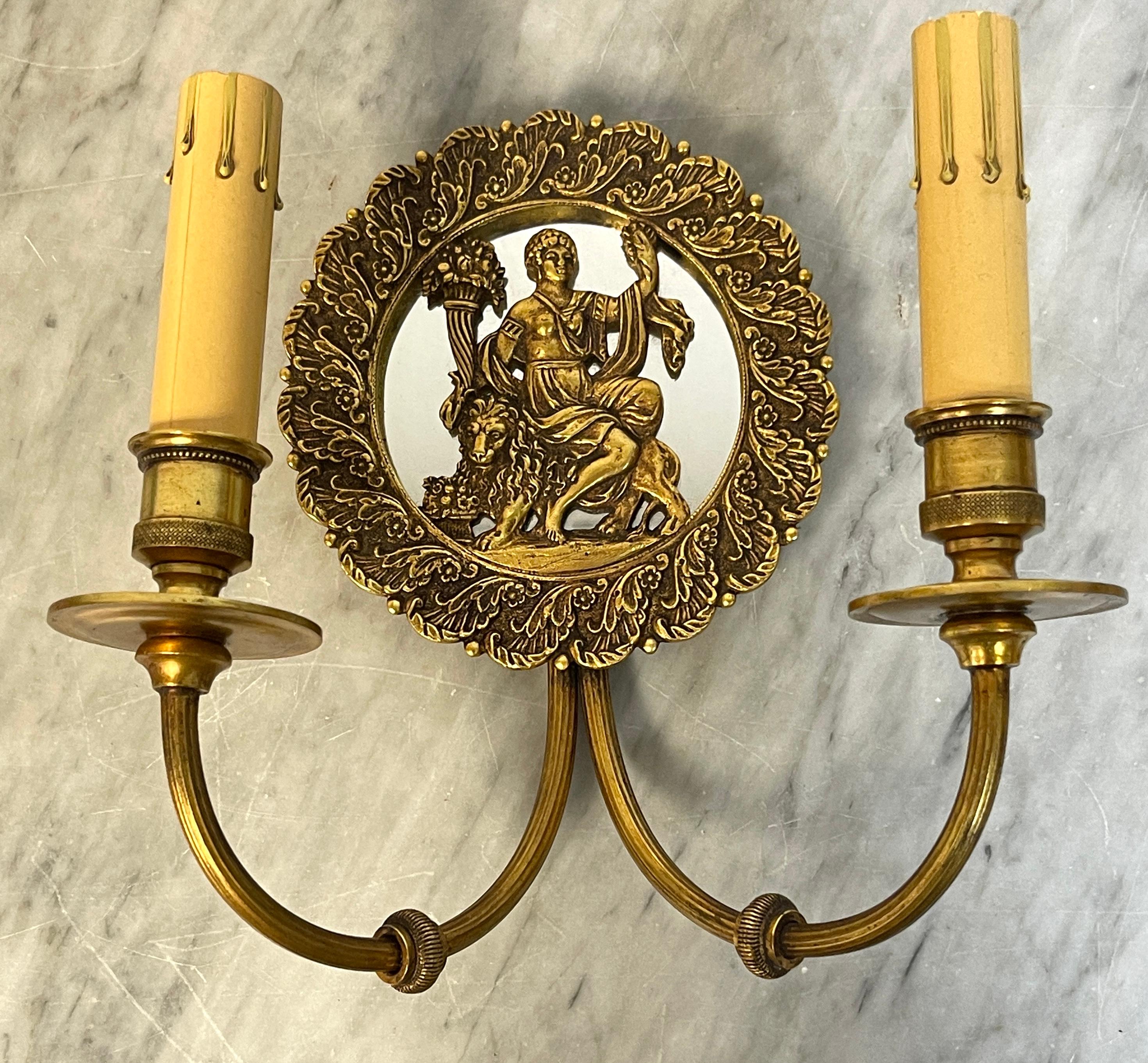 Pair of French Bronze & Mirror Medallion 'America & Europe'  Wall Sconces   For Sale 1
