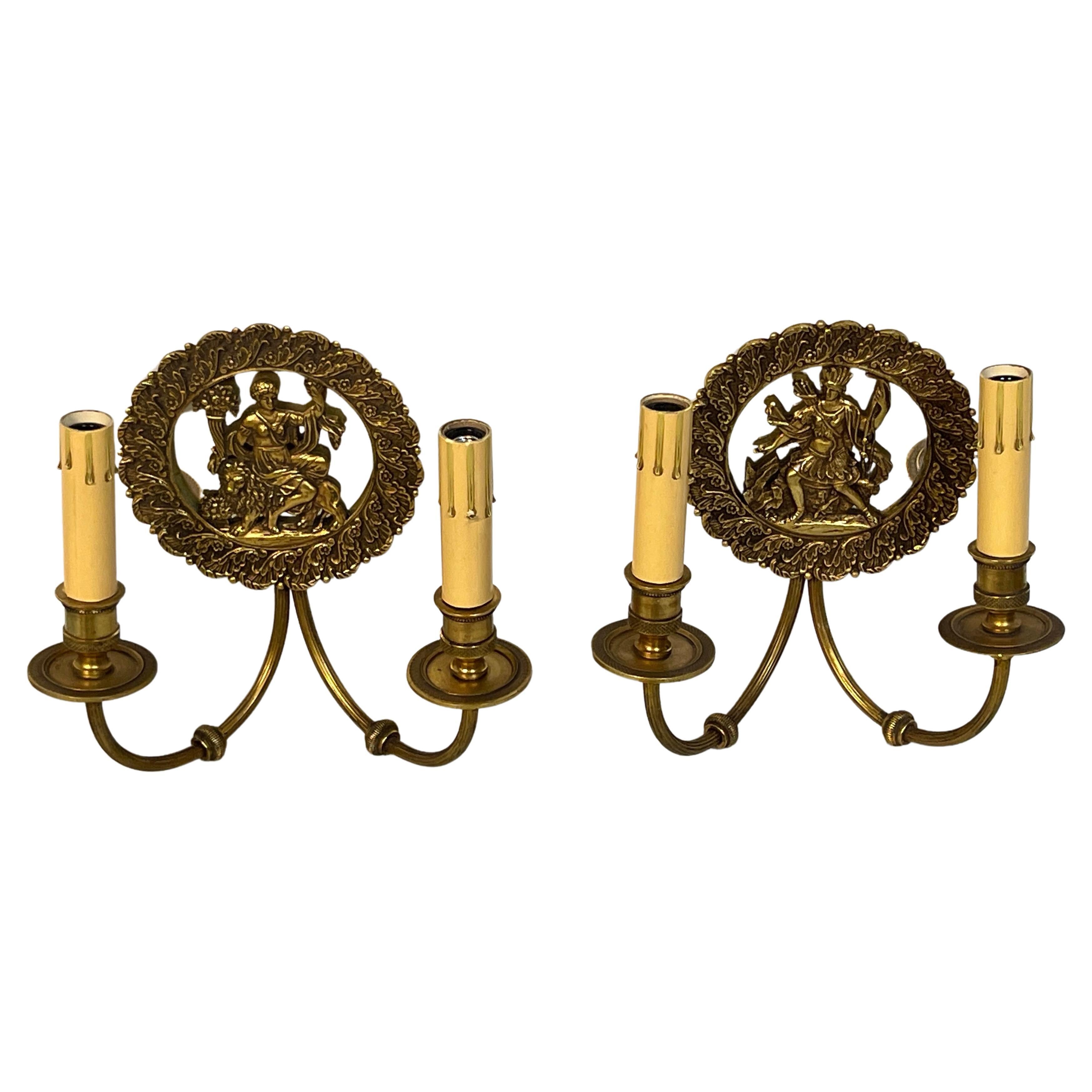 Pair of French Bronze & Mirror Medallion 'America & Europe'  Wall Sconces   For Sale