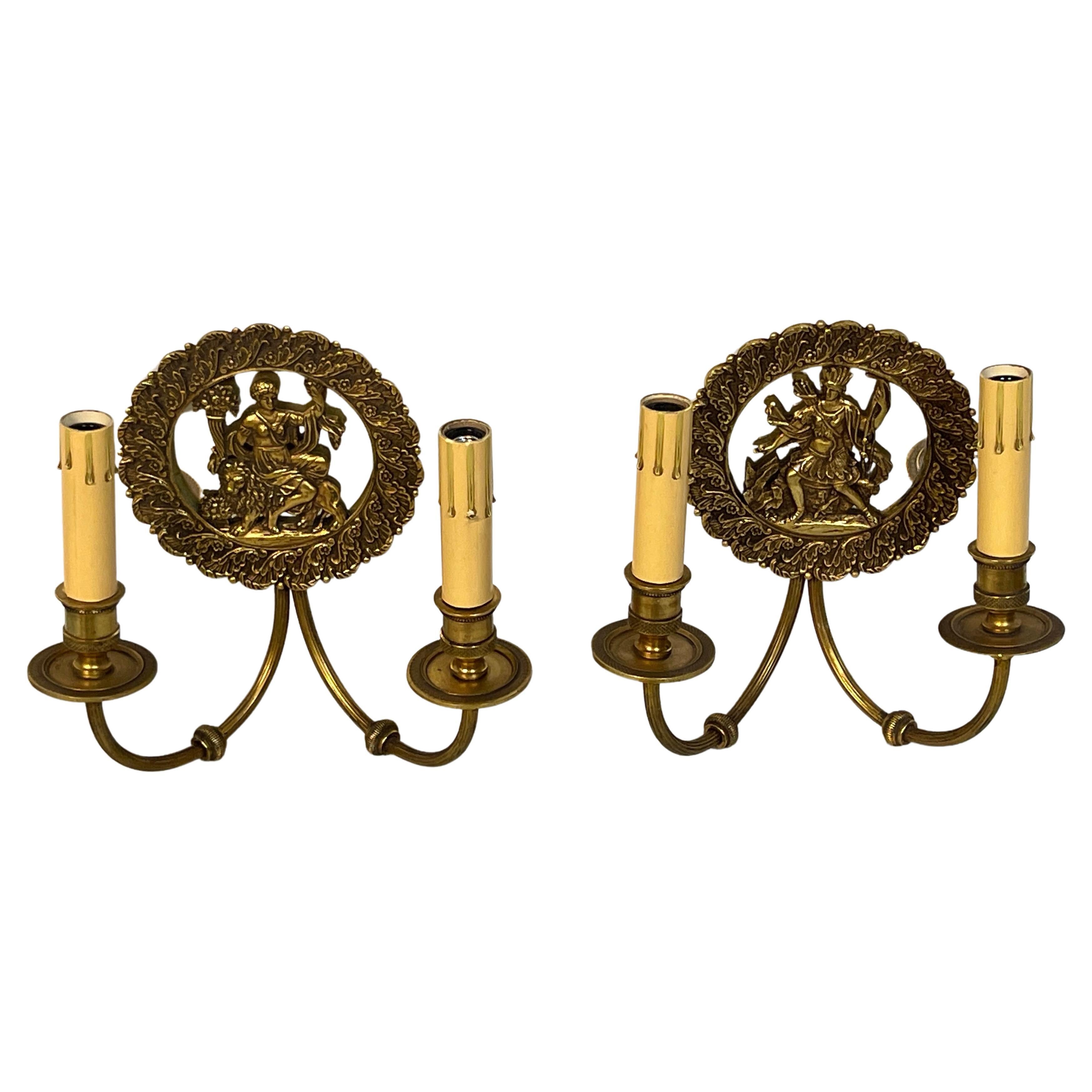 Paar französische Bronze- und Spiegelmedaillons 'America & Europe'  Wandleuchter