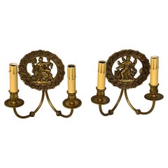 Vintage Pair of French Bronze & Mirror Medallion 'America & Europe'  Wall Sconces  