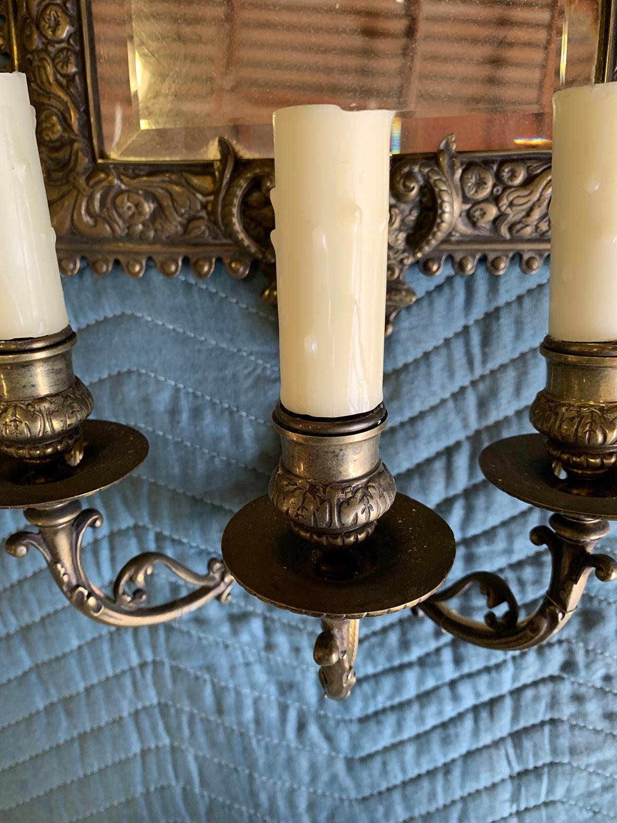 Pair of French Bronze Mirrored Three-Arm Sconces, Circa 1900 For Sale 7