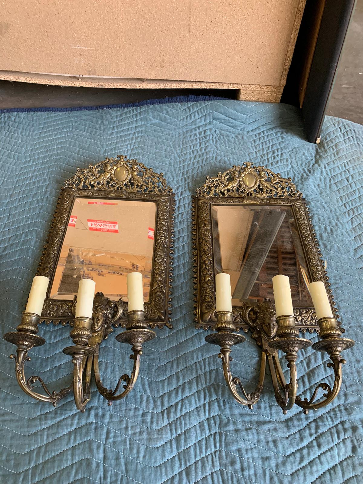 Pair of French Bronze Mirrored Three-Arm Sconces, Circa 1900 For Sale 8