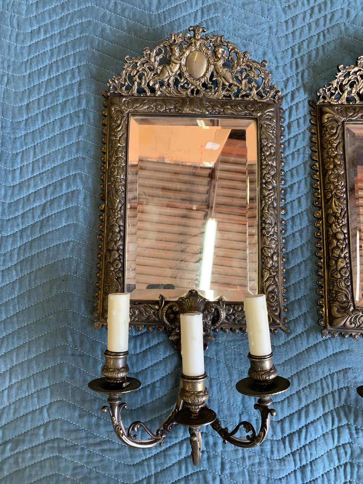 Pair of French Bronze Mirrored Three-Arm Sconces, Circa 1900 For Sale 9