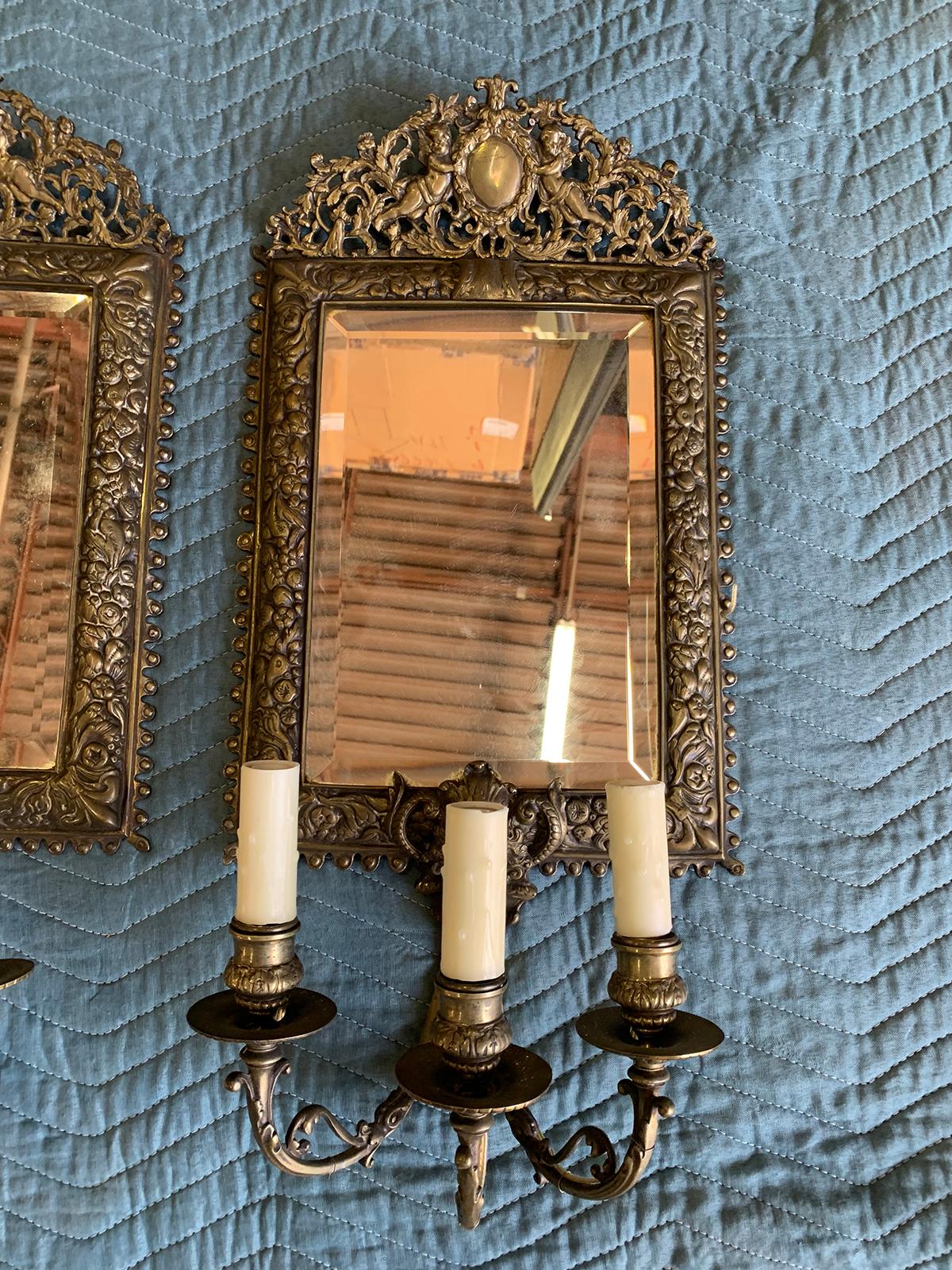 Pair of French Bronze Mirrored Three-Arm Sconces, Circa 1900 For Sale 10