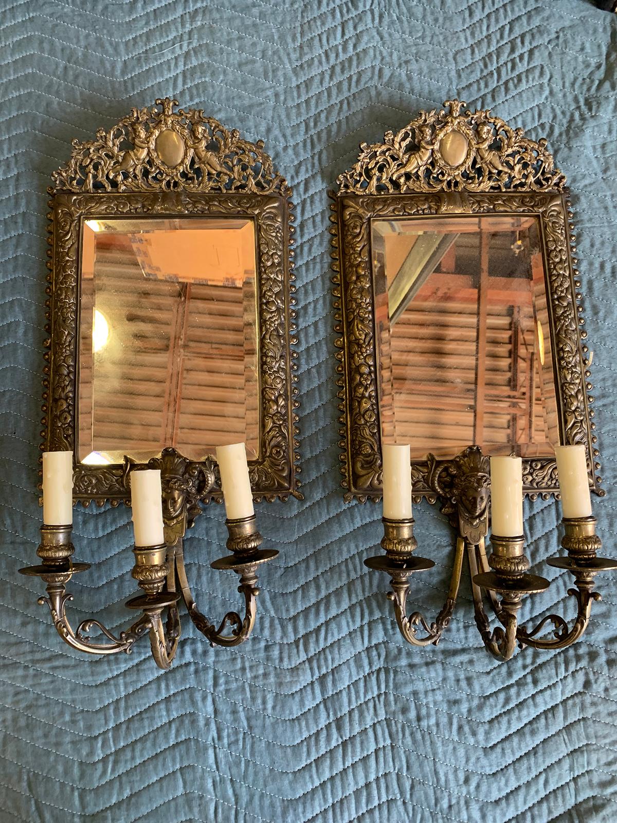 Pair of French Bronze Mirrored Three-Arm Sconces, Circa 1900
Re-wired 