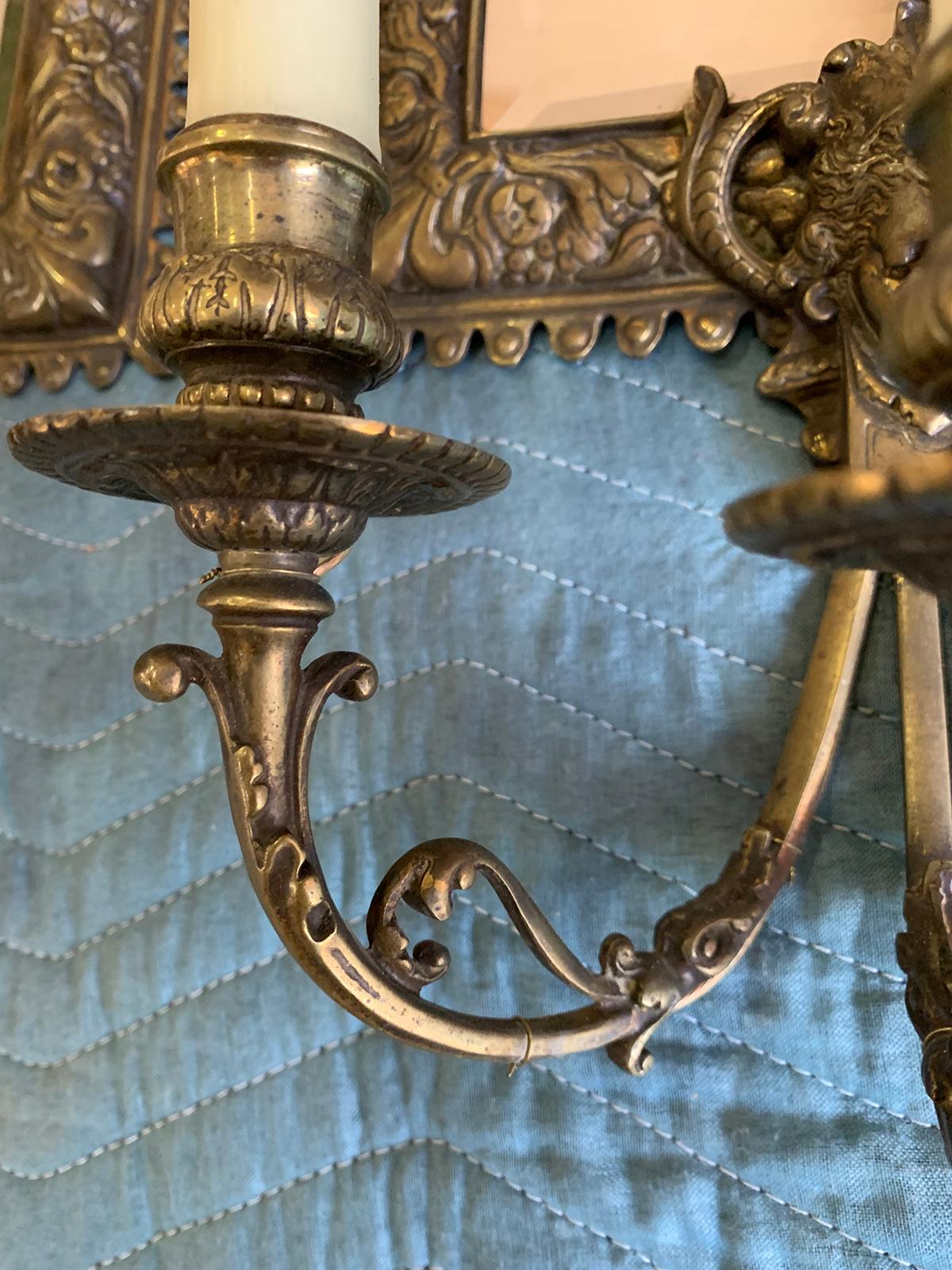 Pair of French Bronze Mirrored Three-Arm Sconces, Circa 1900 For Sale 1
