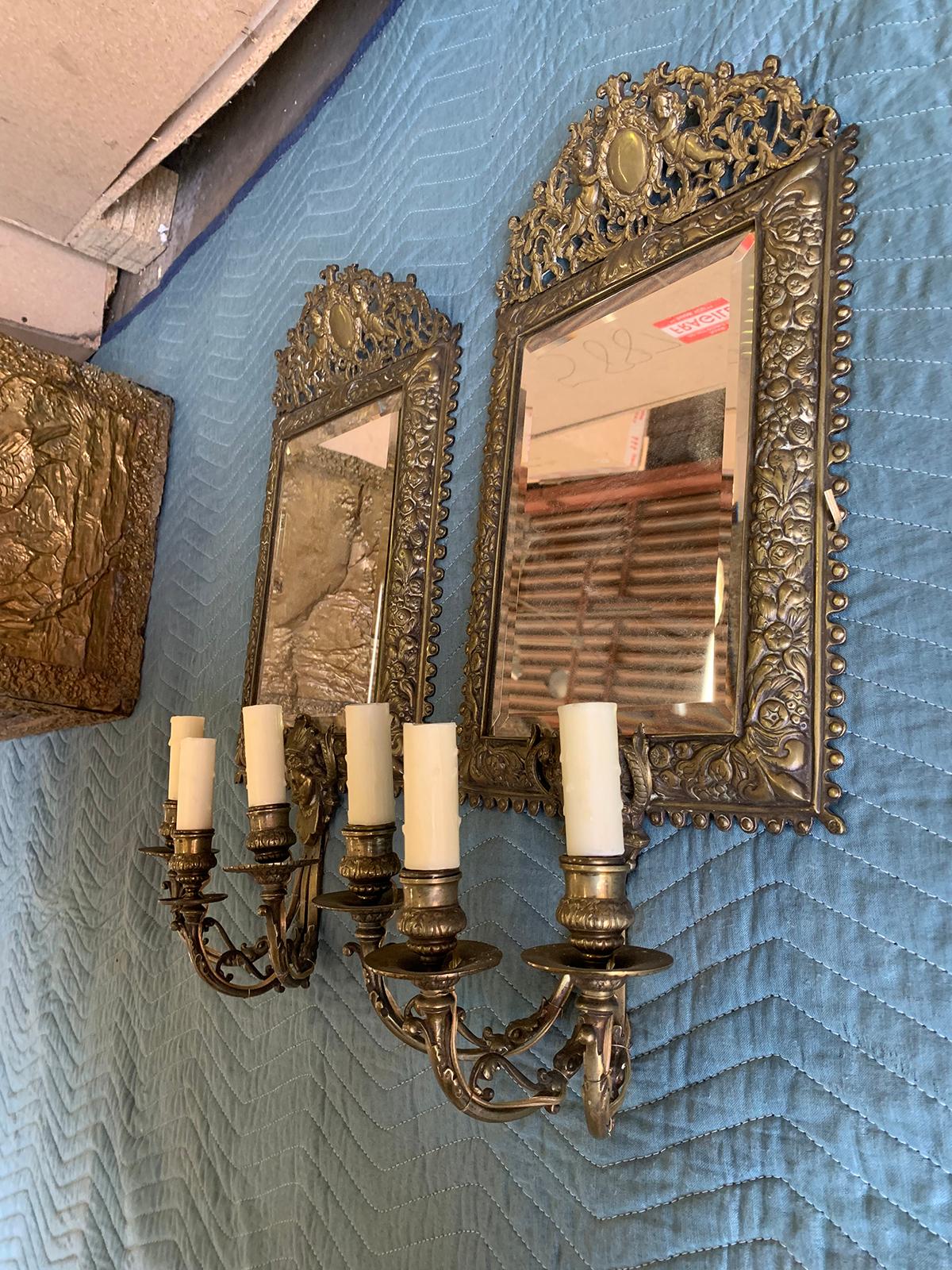Pair of French Bronze Mirrored Three-Arm Sconces, Circa 1900 For Sale 2