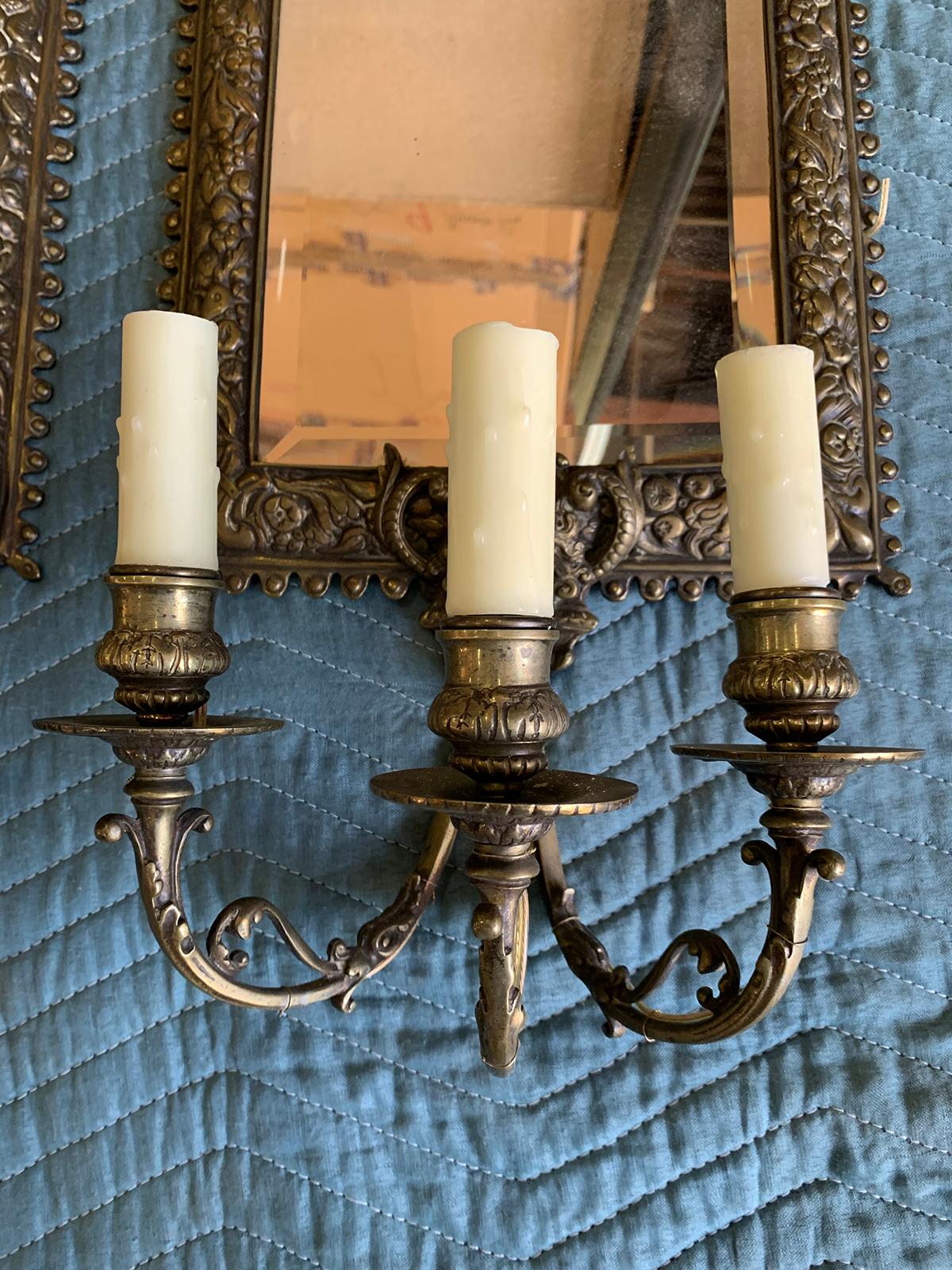 Pair of French Bronze Mirrored Three-Arm Sconces, Circa 1900 For Sale 5