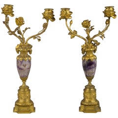 Pair of French Bronze and Fluorite Two-Light Candelabra, circa 1875
