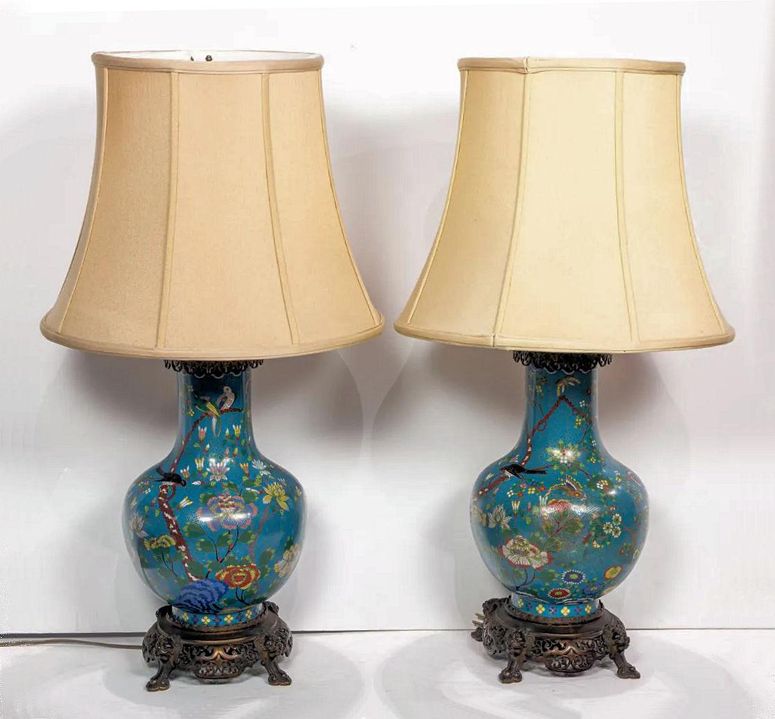 Pair of 19th century French bronze mounted Chinese Cloisonne table lamps.