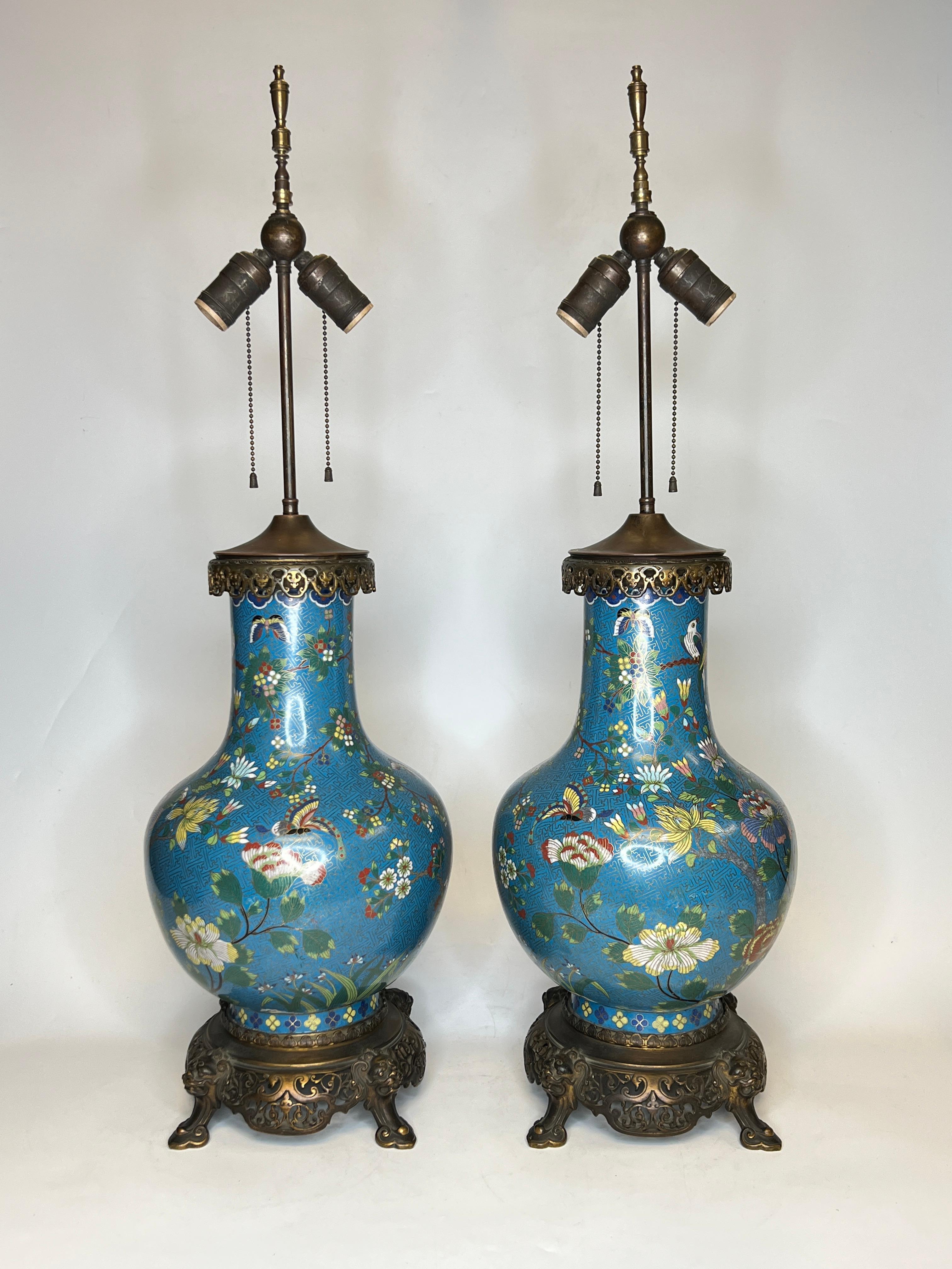 Cloissoné Pair of French Bronze Mounted Chinese Cloisonne Table Lamps