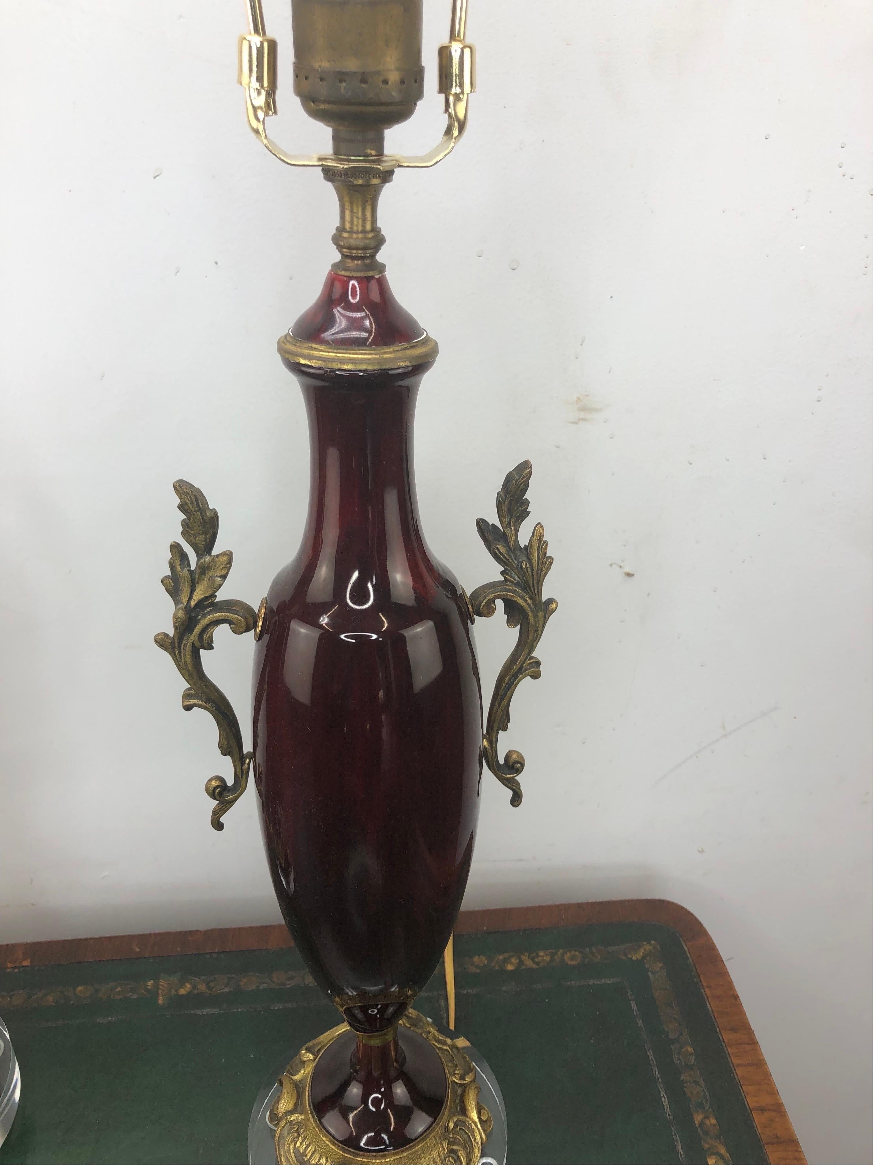 Ceramic Pair of French Bronze Mounted Oxblood Lamps For Sale