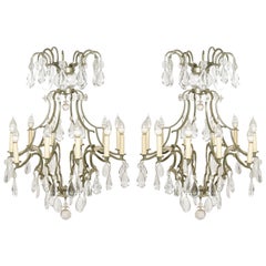 Pair of French Bronze Patinated Rock Crystal Chandeliers