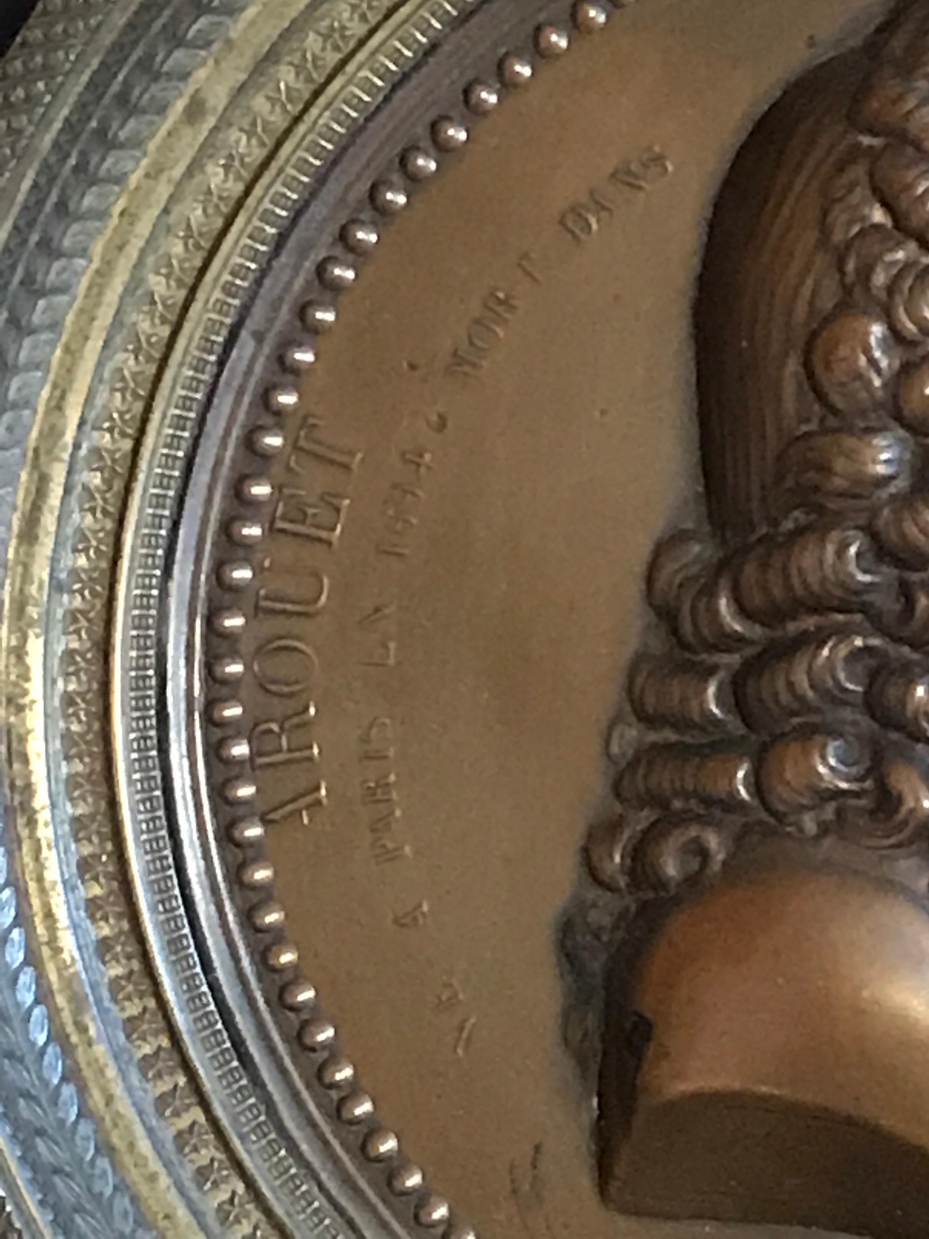 Pair of French Bronze Portrait Plaques of Voltaire & Rouseau, Signed Marie F In Good Condition In West Palm Beach, FL