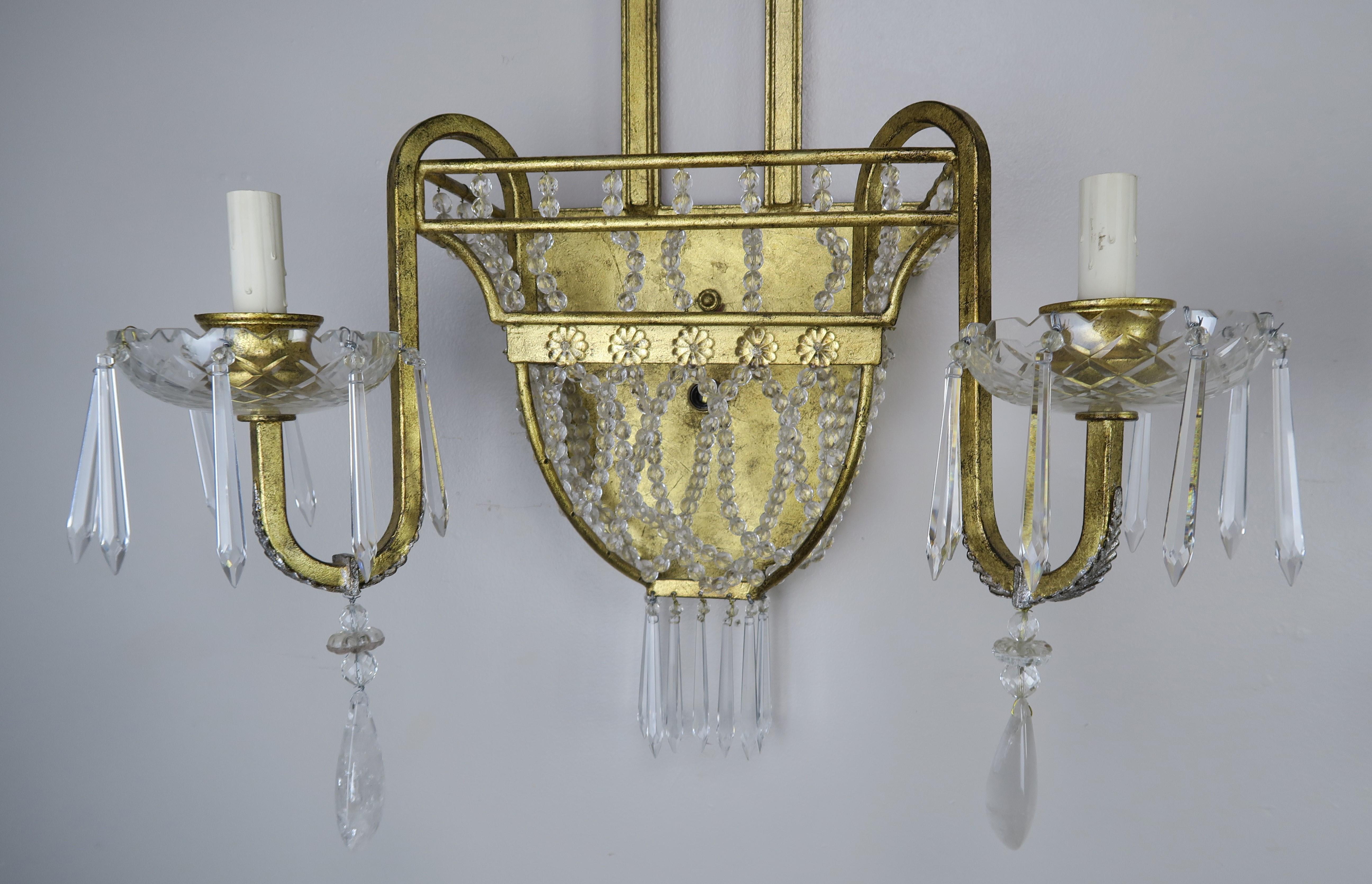 Pair of French Bronze and Rock Crystal 2-Light Sconces For Sale 6