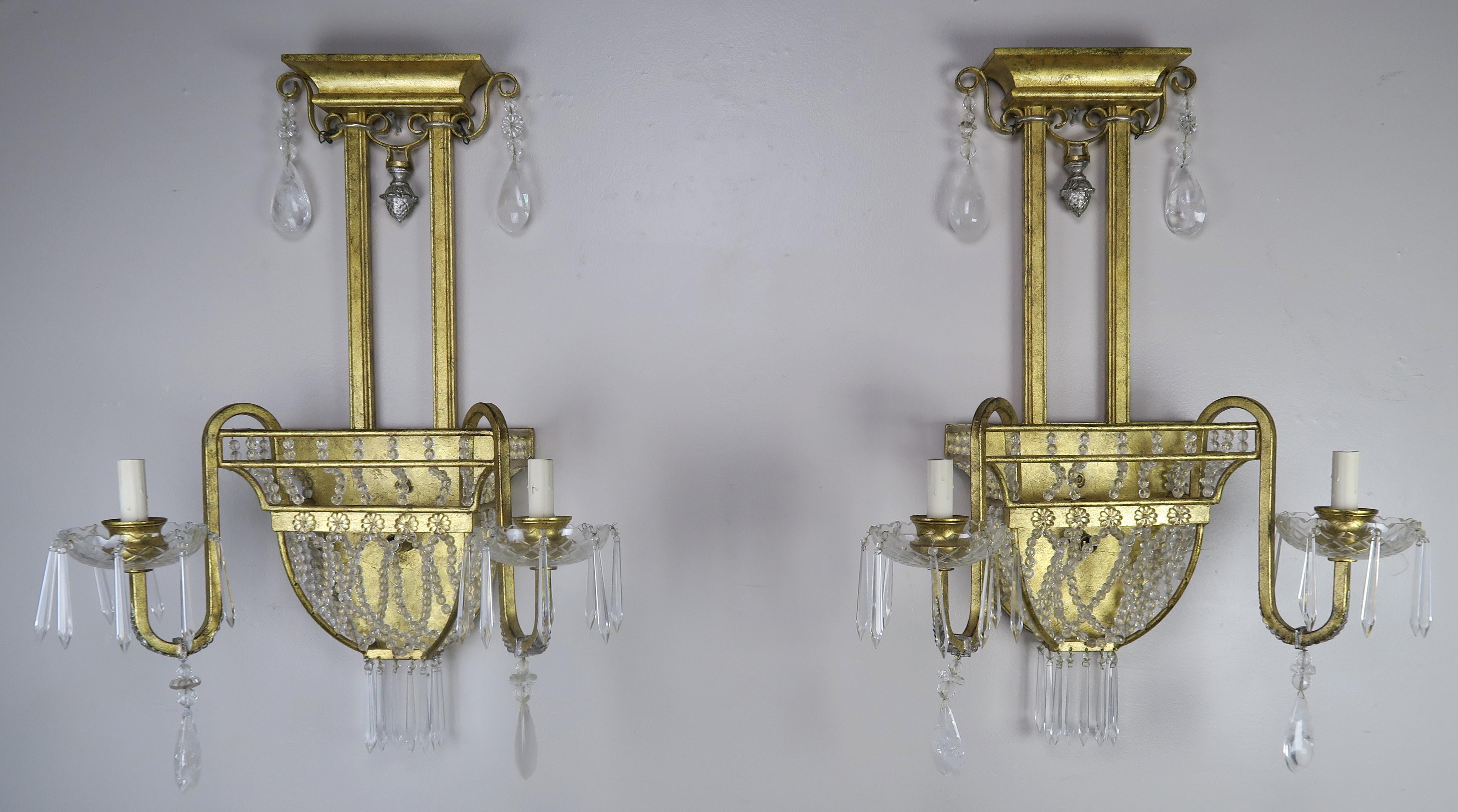 Pair of French Bronze and Rock Crystal 2-Light Sconces For Sale 8
